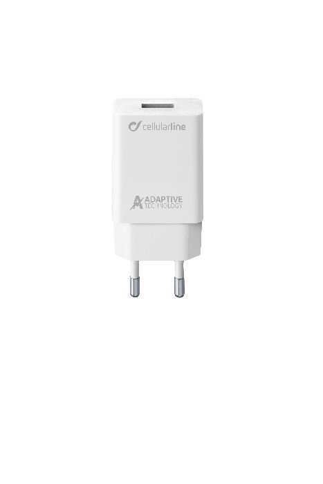 Ein weißes Telefonladegerät mit schwarzem Adapter und Cellularline-Logo. Hat zwei silberne Stifte.