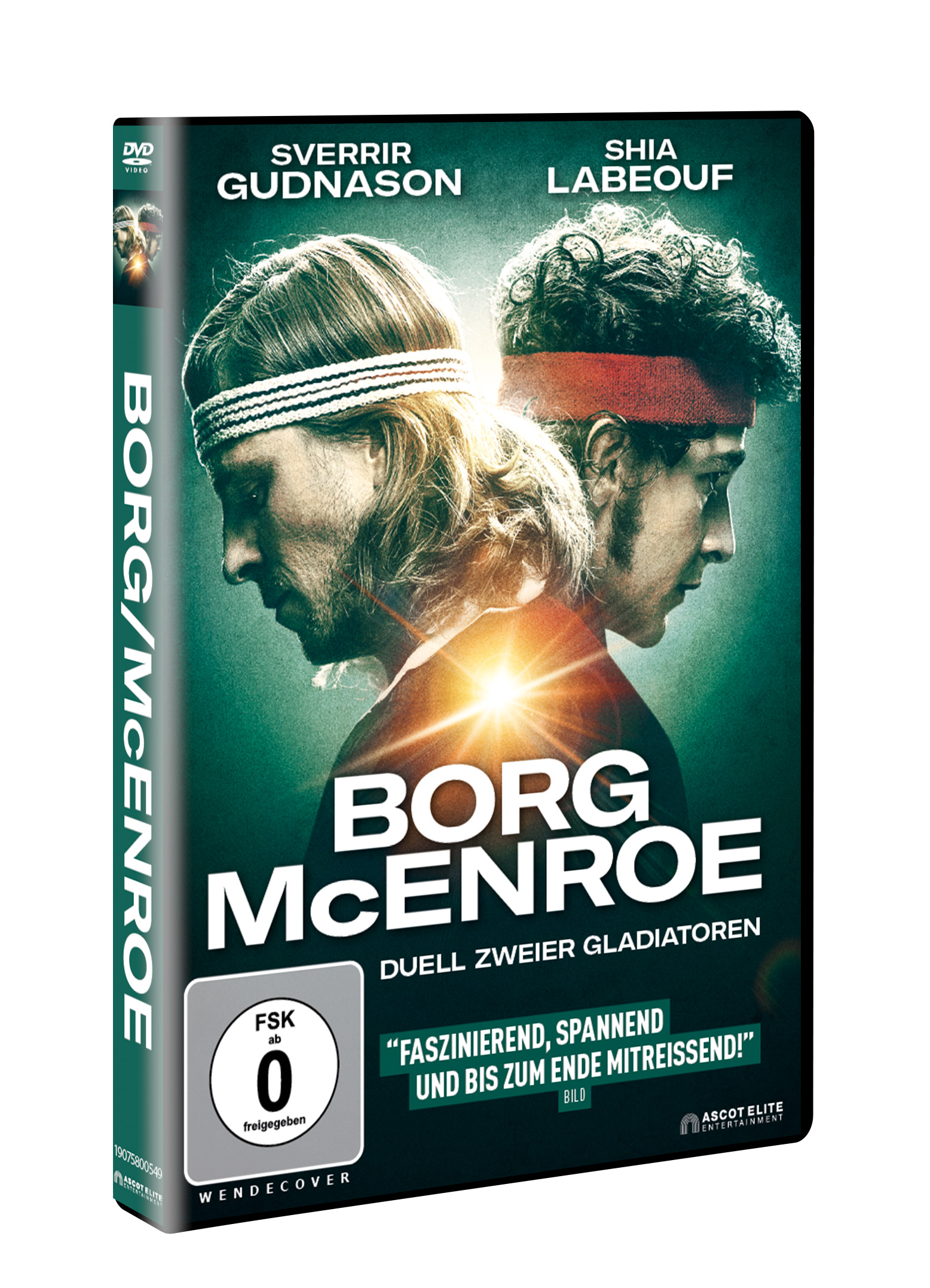 Borg/McEnroe DVD-Cover mit Sverrir Gudnason und Shia LaBeouf. Der Titel ist fett gedruckt. Dunkle Töne.