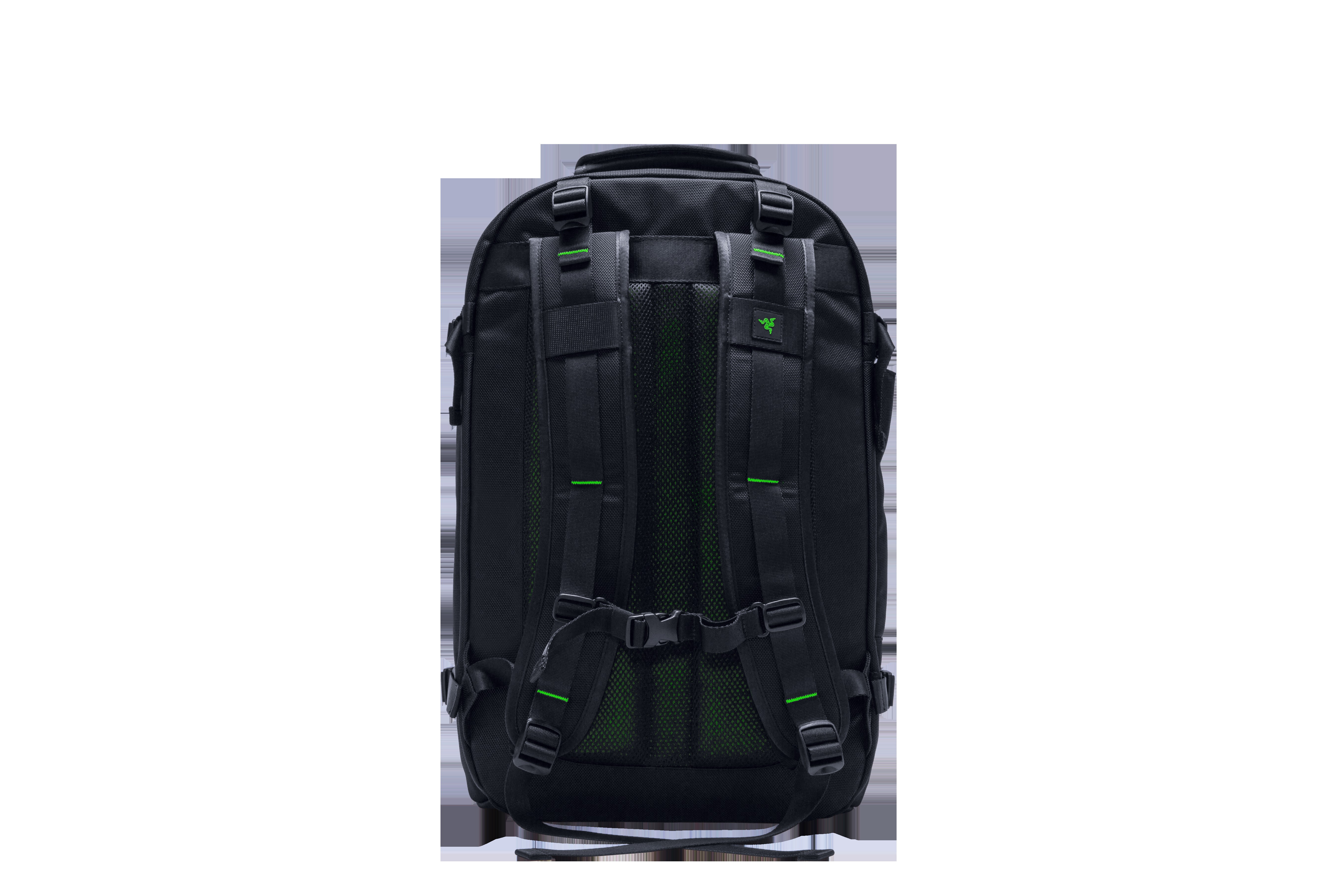 Schwarzer Razer-Rucksack. Grüne Akzente. Schultergurte und Rückenteil sichtbar. Weißer Hintergrund.