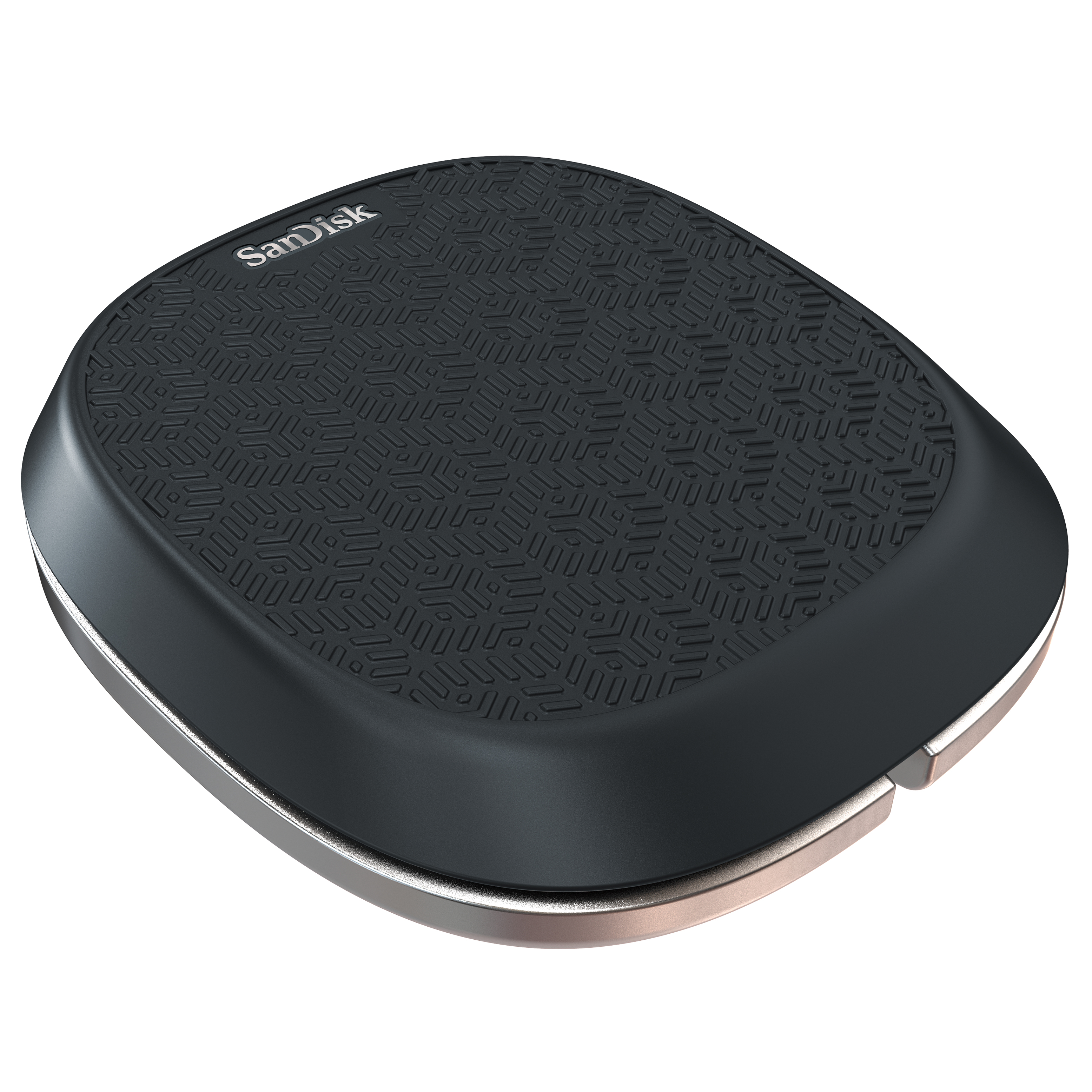 Black and silver SanDisk device. Black textured surface, silver rim, and SanDisk logo. White background.