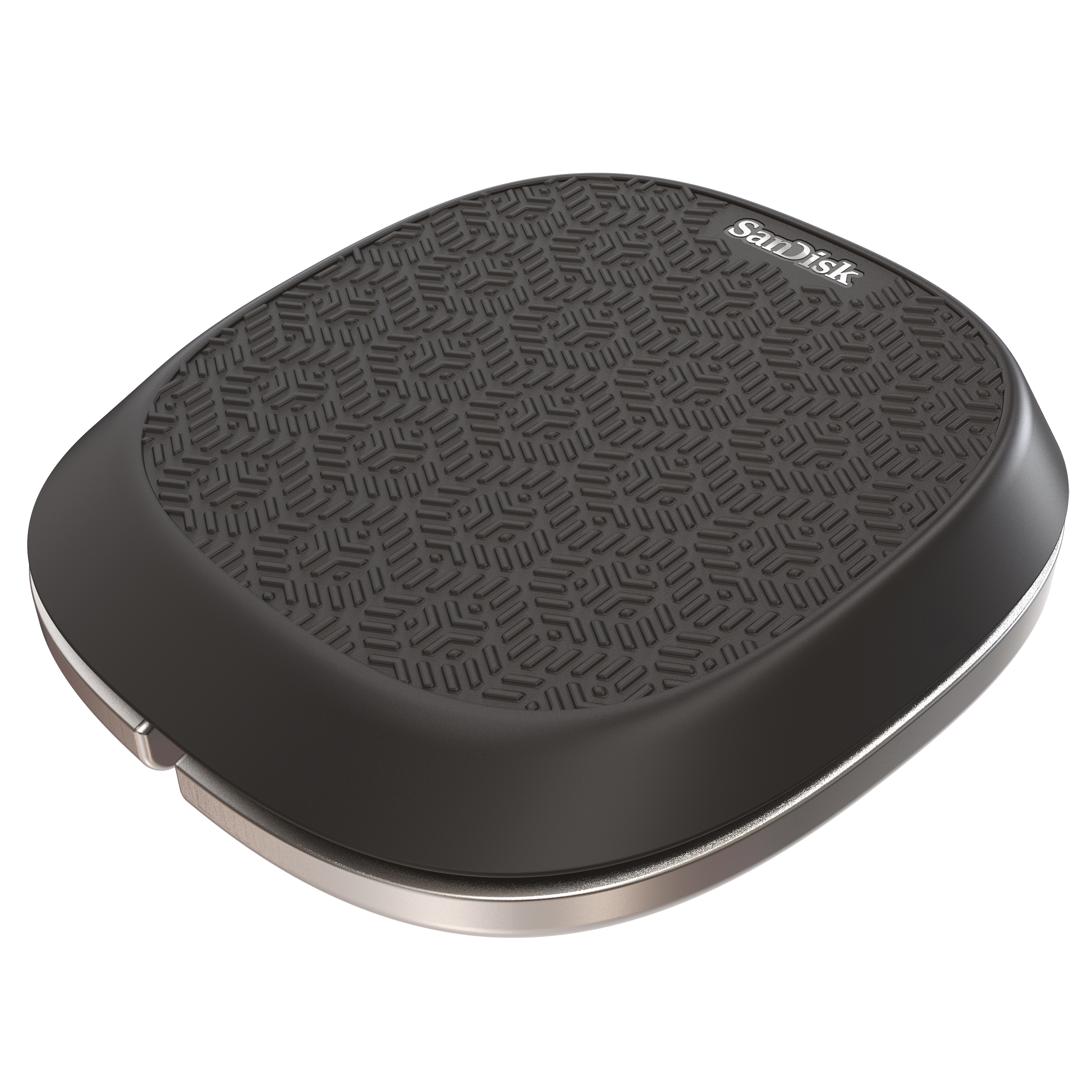 A black SanDisk wireless charging pad with a patterned surface.
