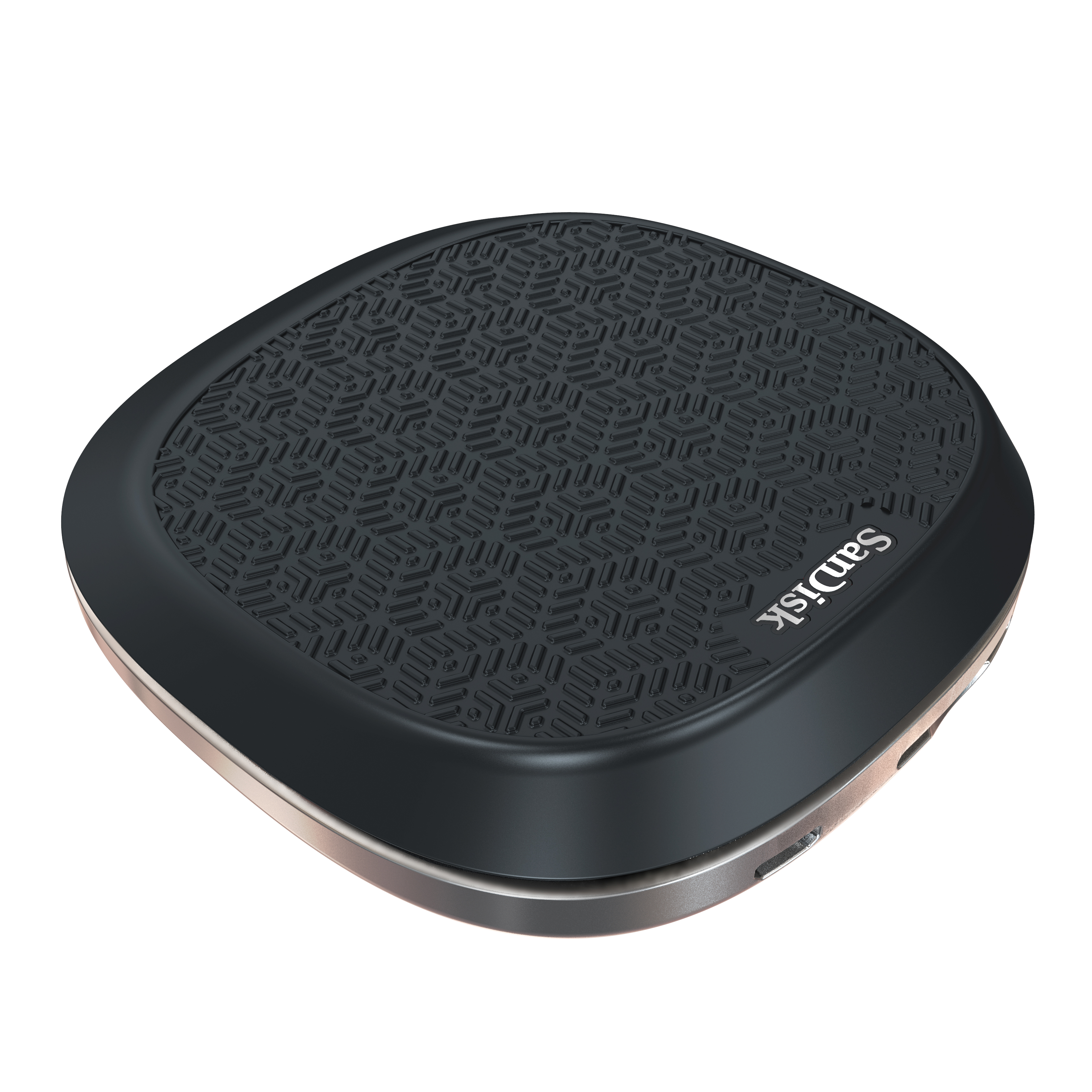 Black and grey round device with Sandisk logo. Textured top surface.