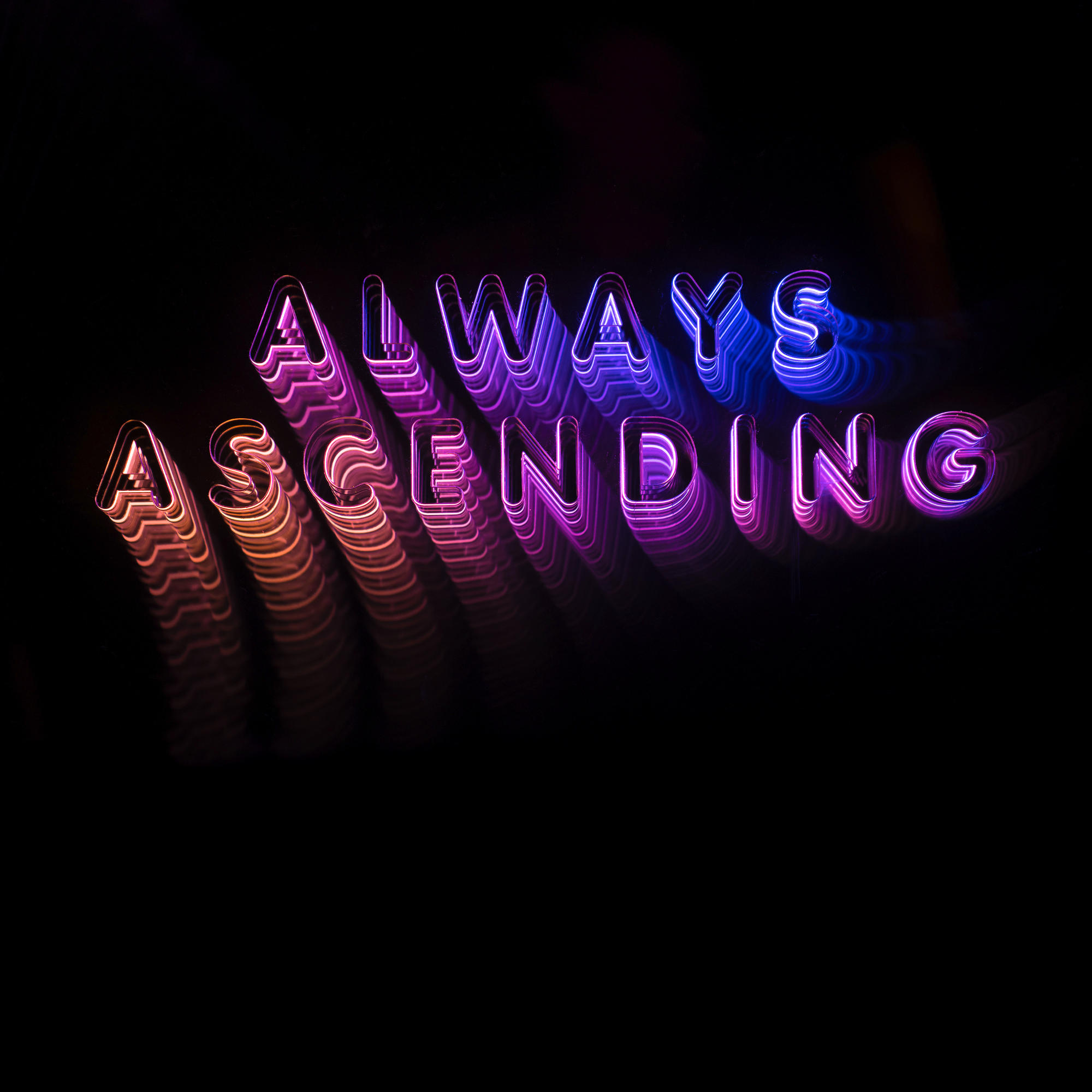 Neonbord: 'ALWAYS ASCENDING' in paars en blauw op zwarte achtergrond.