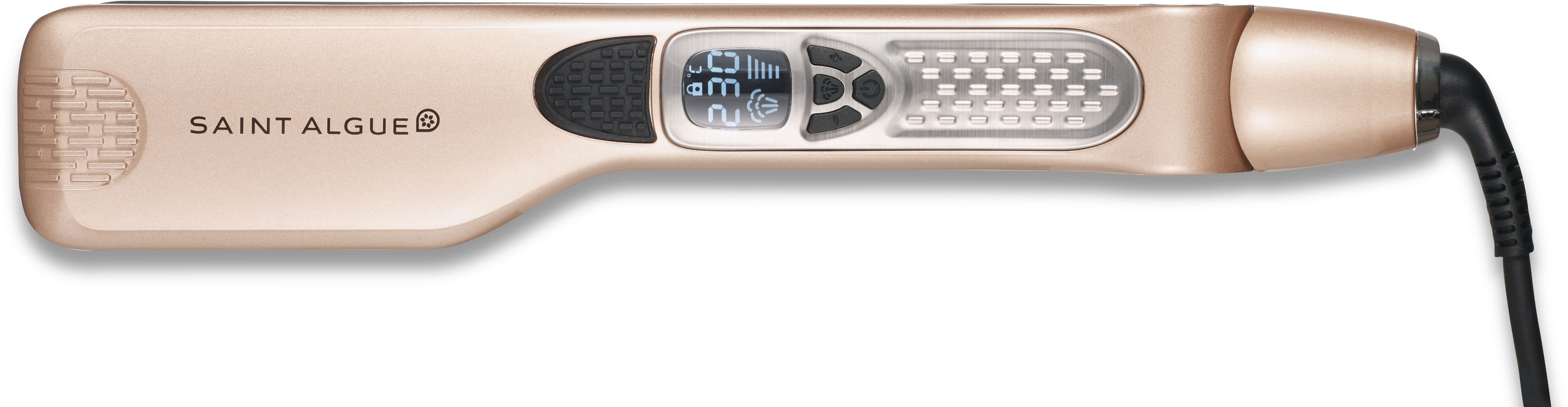 A gold hair straightener with a digital display and control buttons.