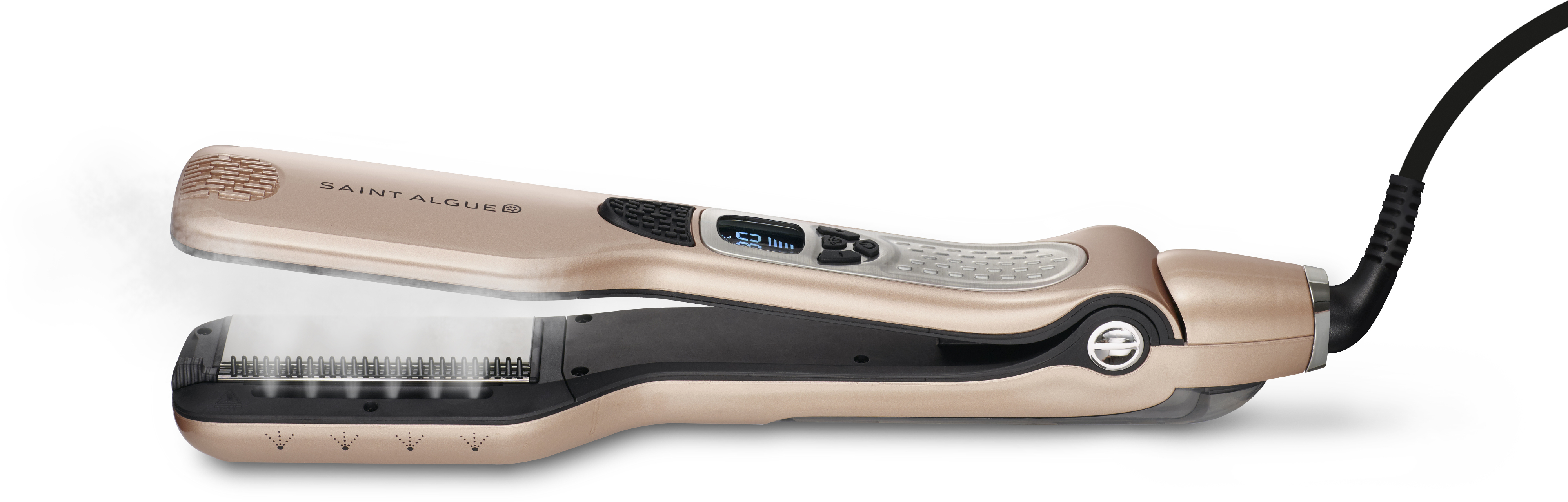 A gold hair straightener with steam coming out. The straightener is open.