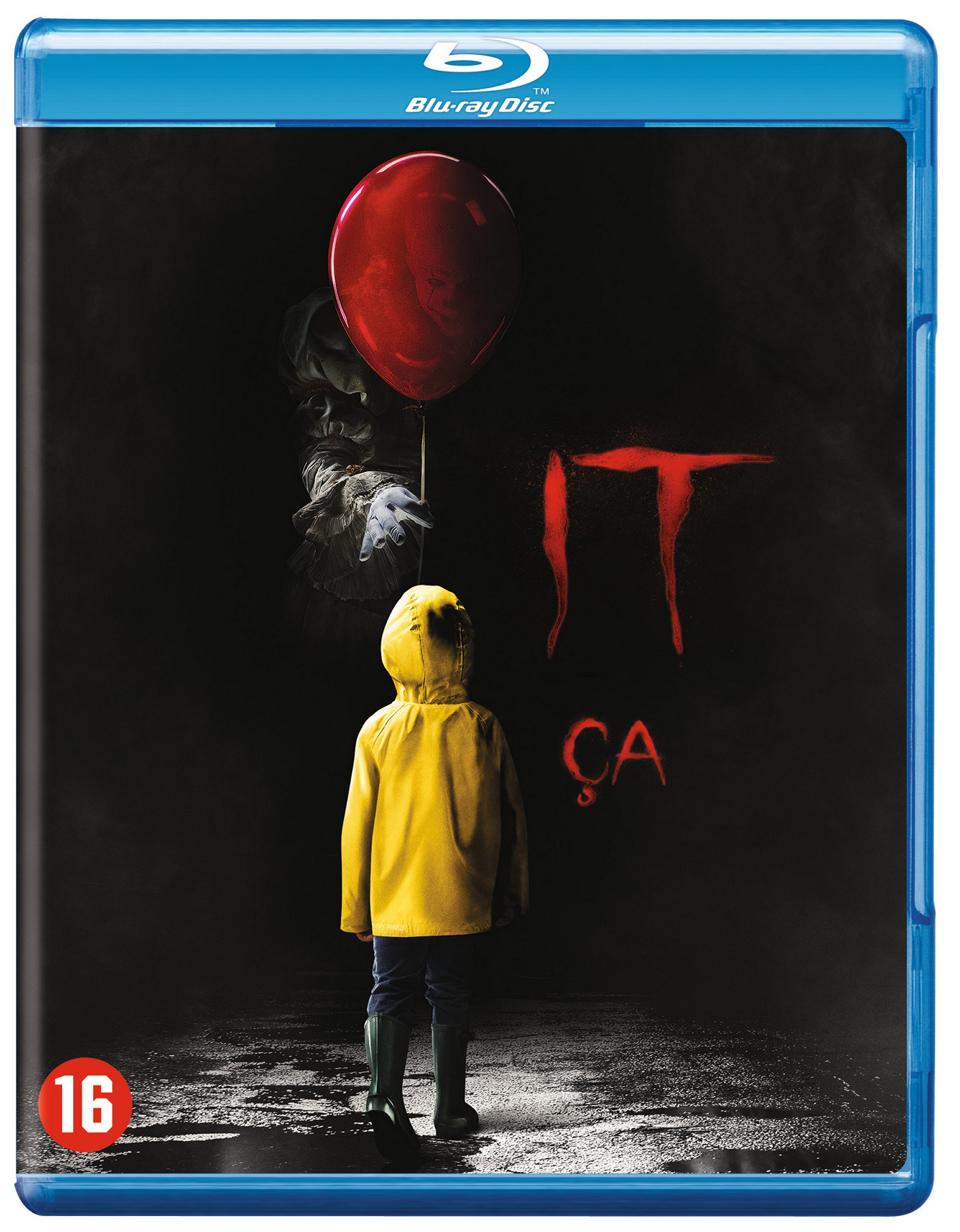 Blu-ray disc cover, IT film, een jongen in gele regenjas met rode ballon.