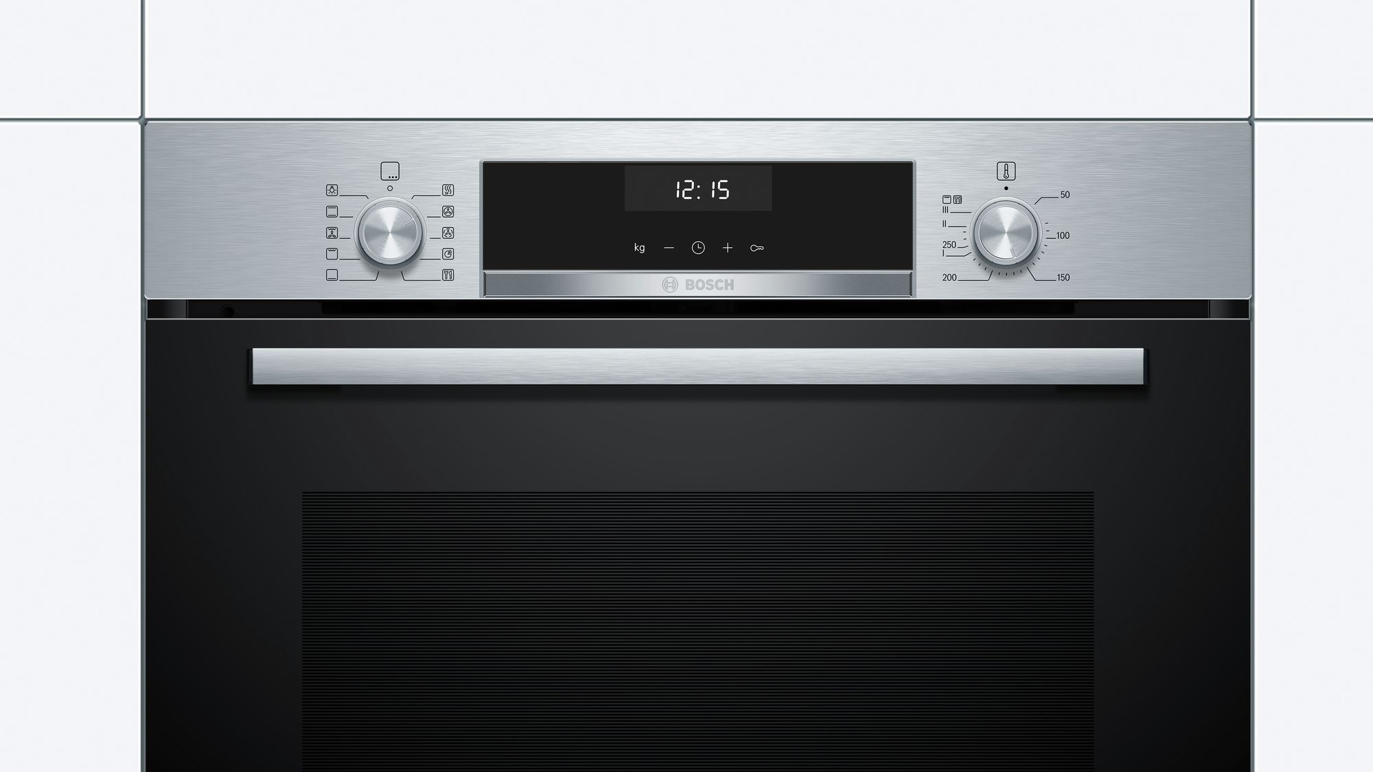 Zilveren en zwarte oven met digitaal display en knoppen. Bosch-logo onder in het midden.
