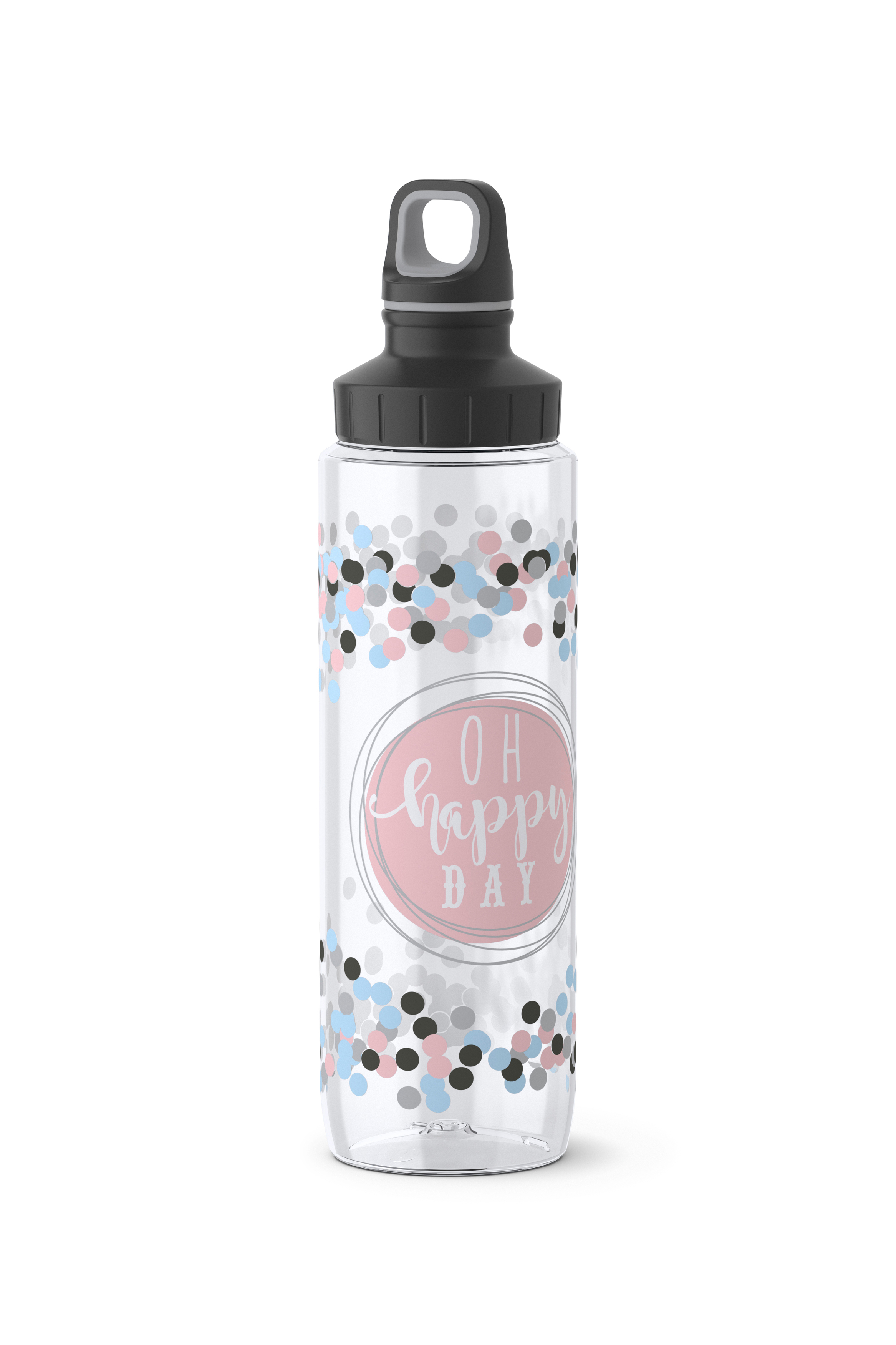 Transparente Wasserflasche mit Konfetti-Design und den Worten 'Oh happy day'. Schwarzer Deckel.
