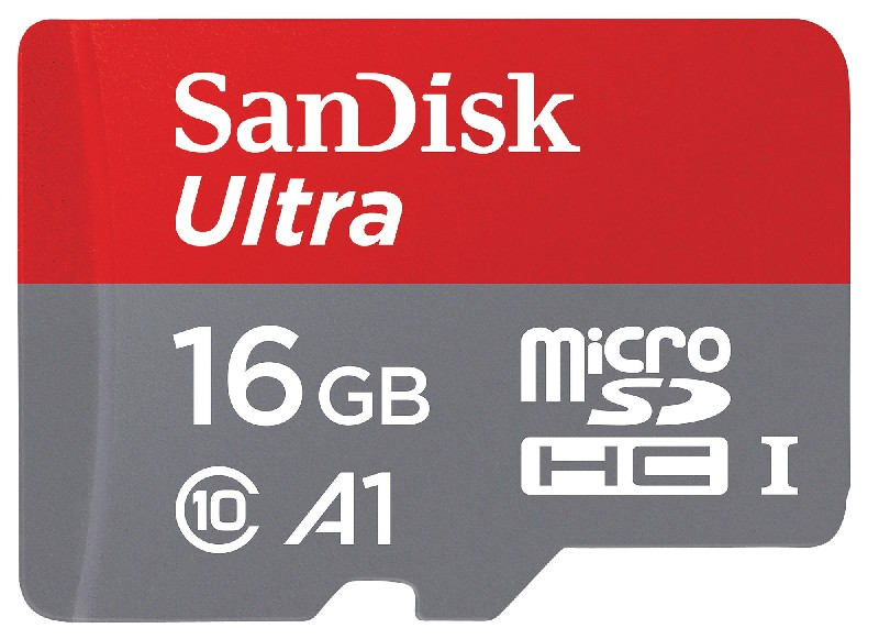 Eine rot-graue SanDisk Ultra 16GB microSDHC-Karte. Mit micro SDHC-Logo und A1-Bewertung.