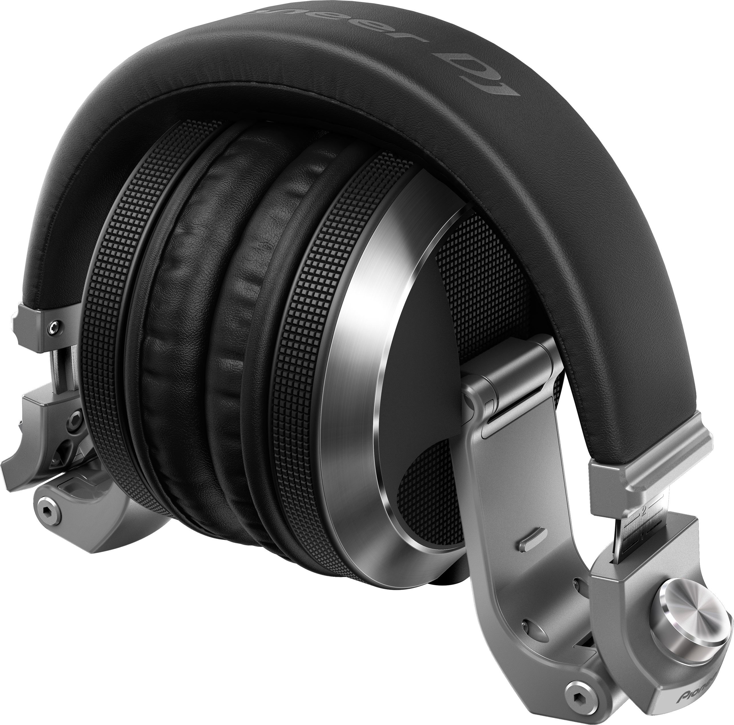 Gefaltete DJ-Kopfhörer, schwarze Ohrmuscheln und Bügel, silberne Akzente. Pioneer DJ-Logo an der Seite.