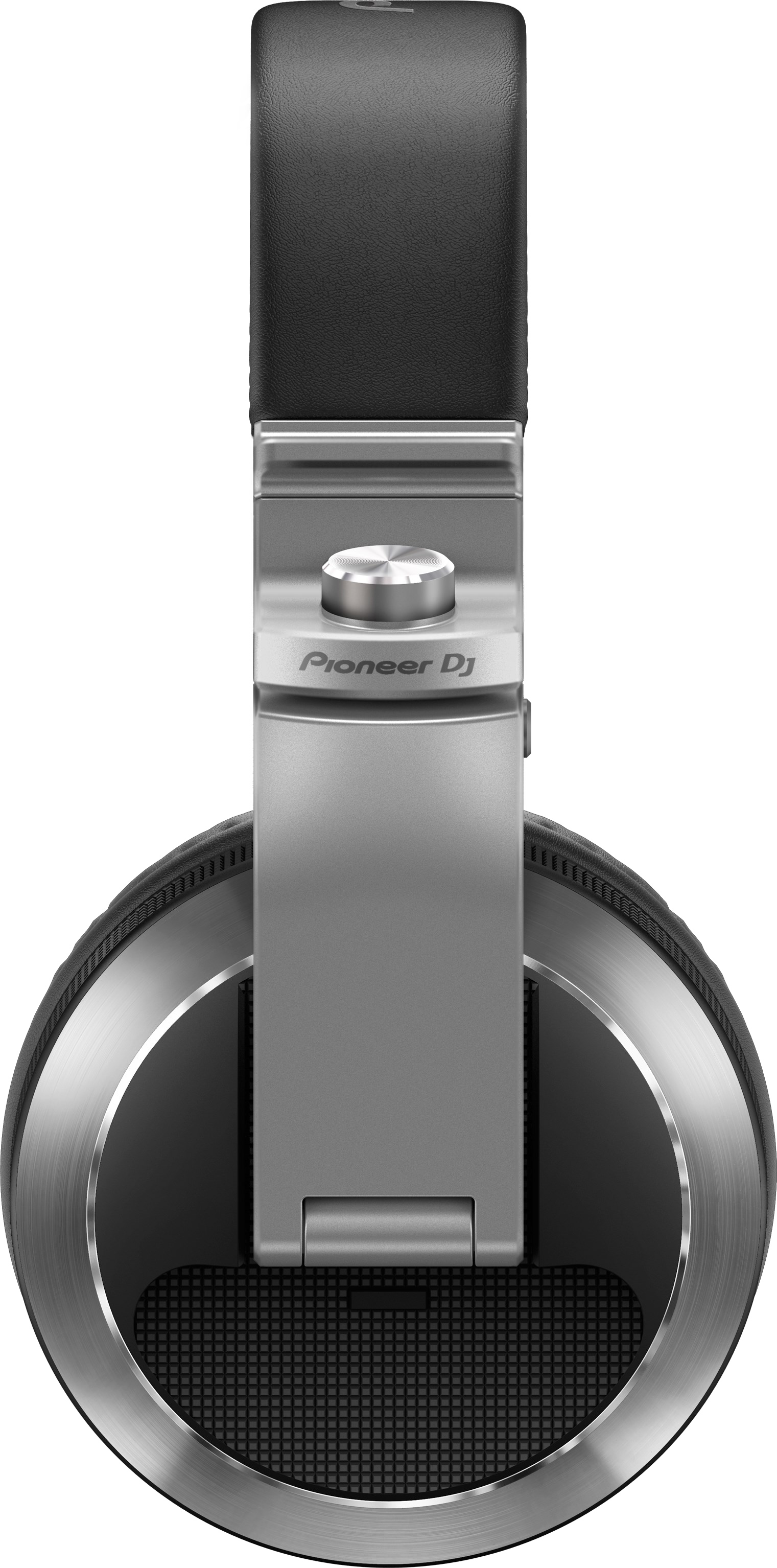 Silberne Pioneer DJ-Kopfhörer von oben gesehen, die den Kopfbügel und die Ohrmuscheln zeigen.
