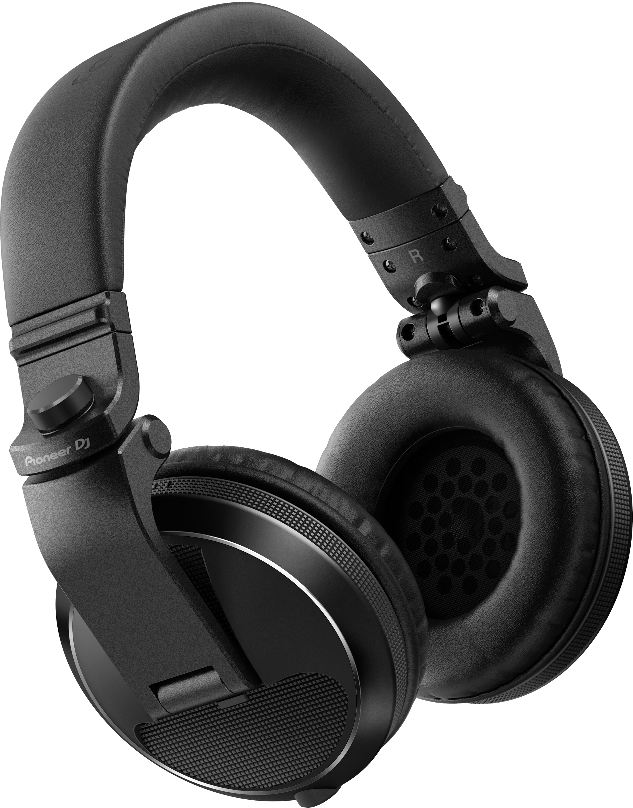 Black Pioneer DJ headphones. Over-ear design, with a black headband and earcups, and visible Pioneer logo.