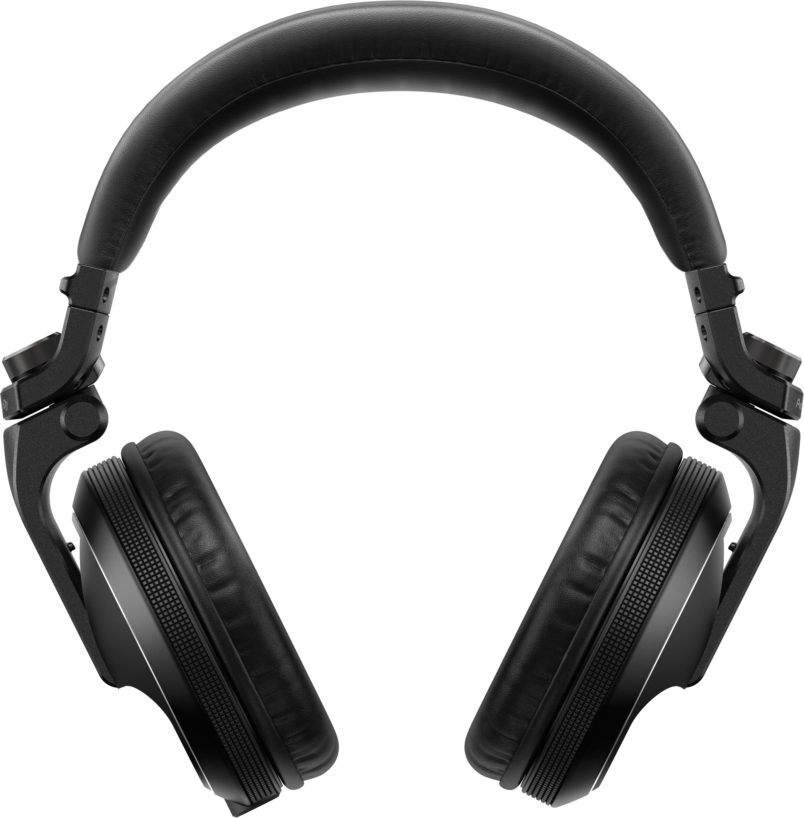 Black headphones, over-ear design, isolated against a black background.
