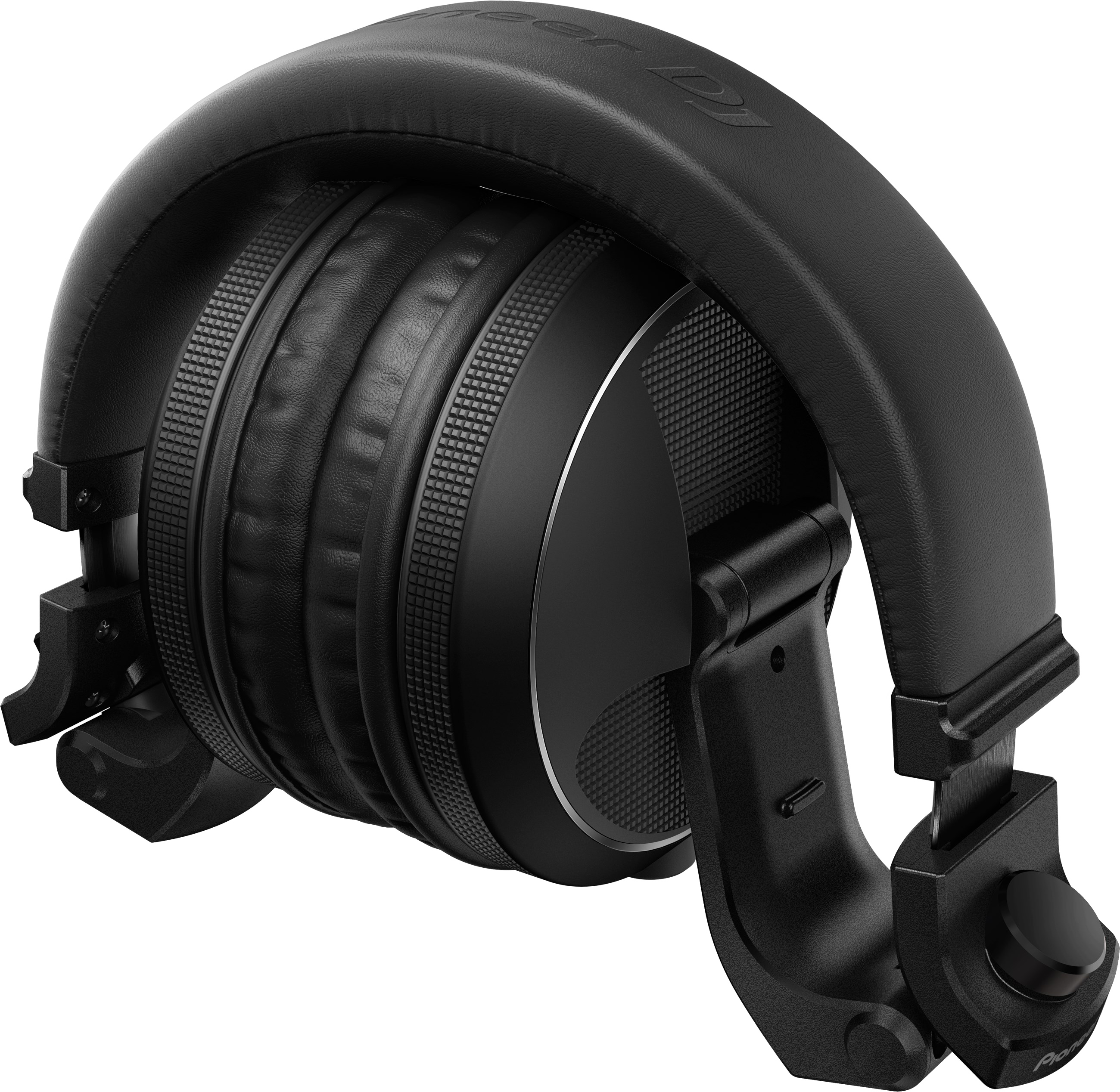 Black DJ headphones, folded. The earcups are large and padded.