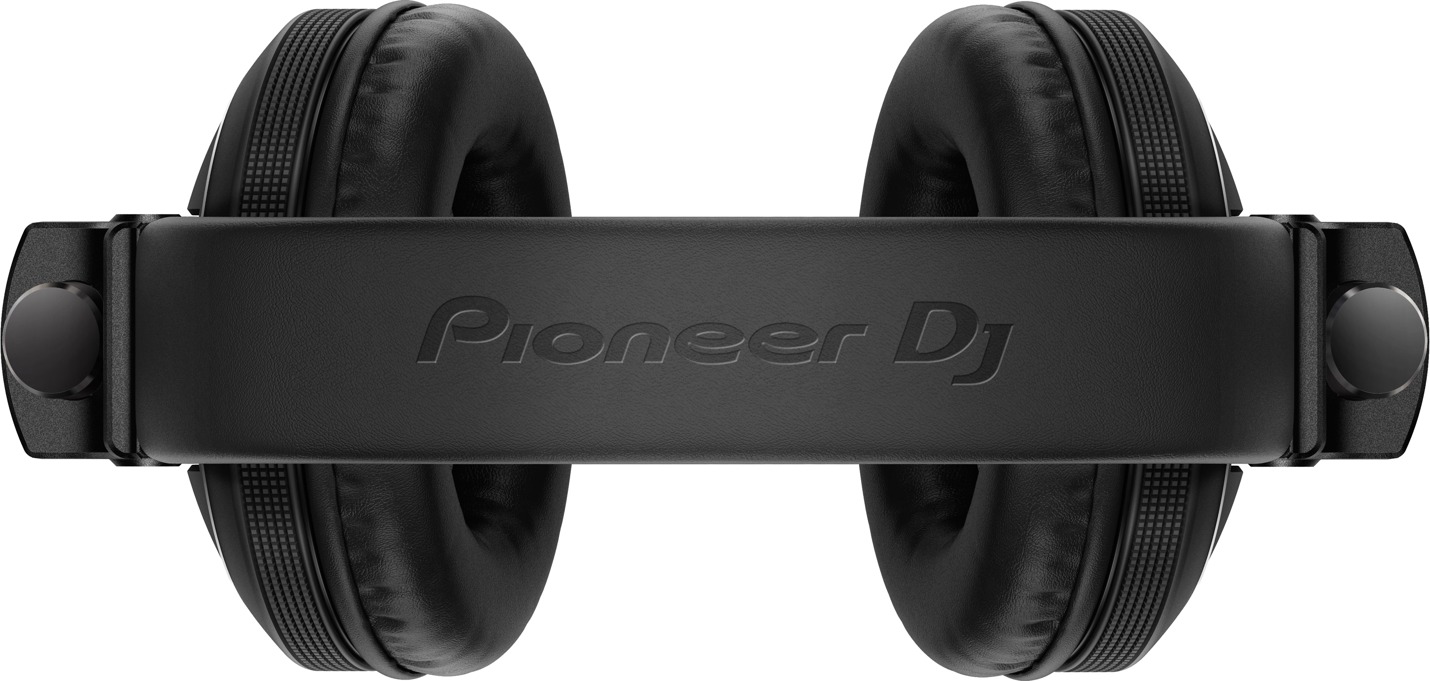Black Pioneer DJ headphones, top view. The headband displays the Pioneer DJ logo.