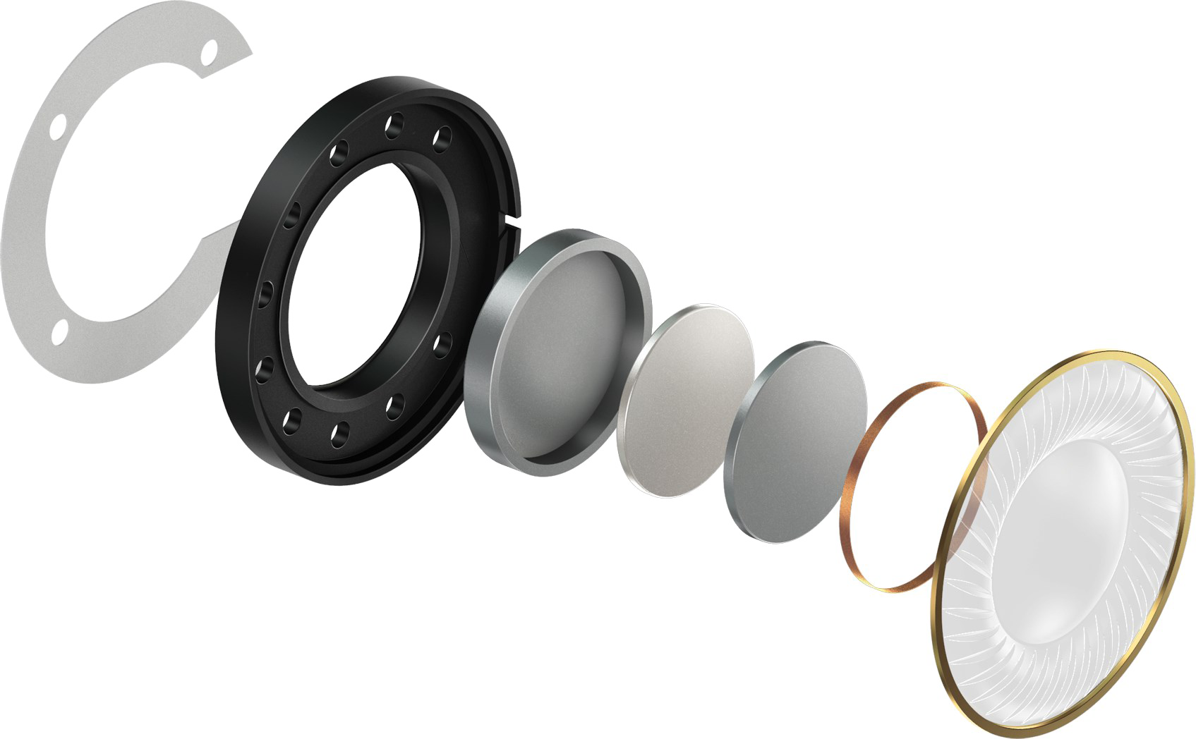 Exploded view of headphone components: ring, magnets, and speaker parts.