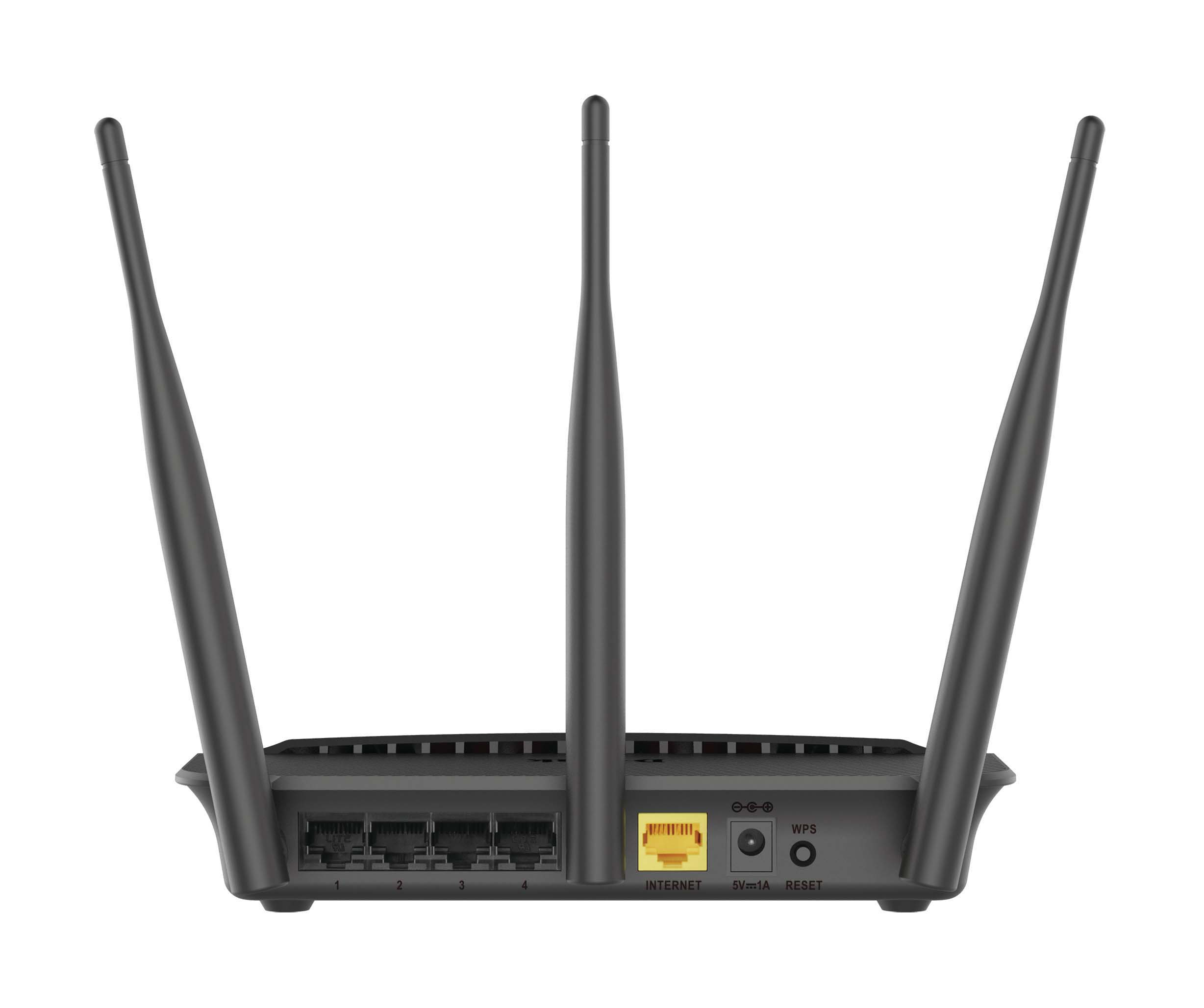 Schwarzer Router mit 3 Antennen, Anschlüssen und Knöpfen sichtbar, weißer Hintergrund.