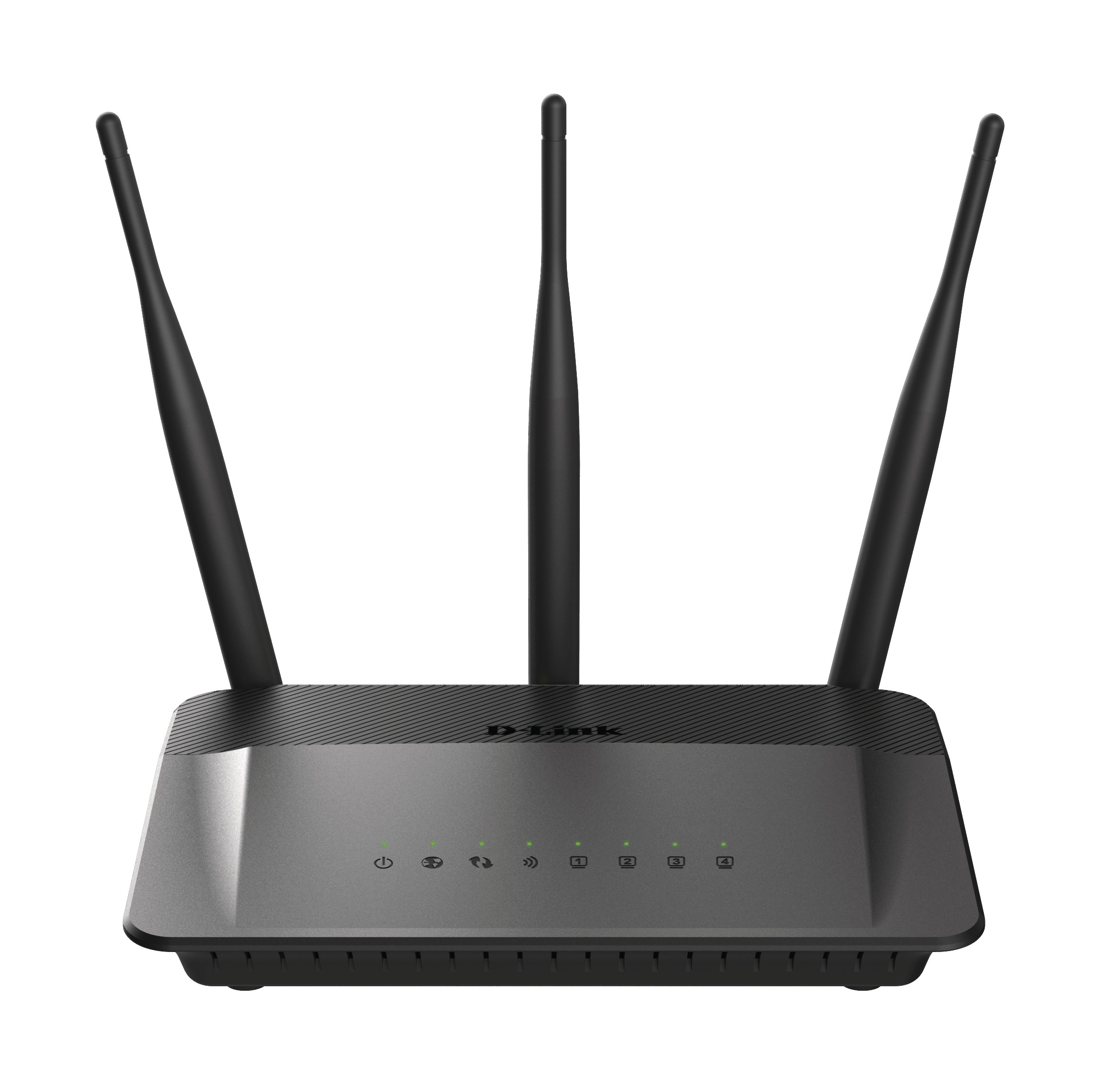 Schwarzer D-Link Router mit drei Antennen auf weißem Hintergrund.
