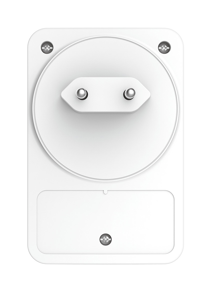 Un adattatore elettrico bianco con due poli e viti su sfondo bianco.