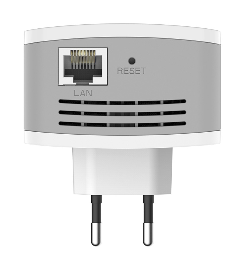 Un ripetitore Wi-Fi bianco e grigio con spina europea, porta LAN e pulsante di reset.