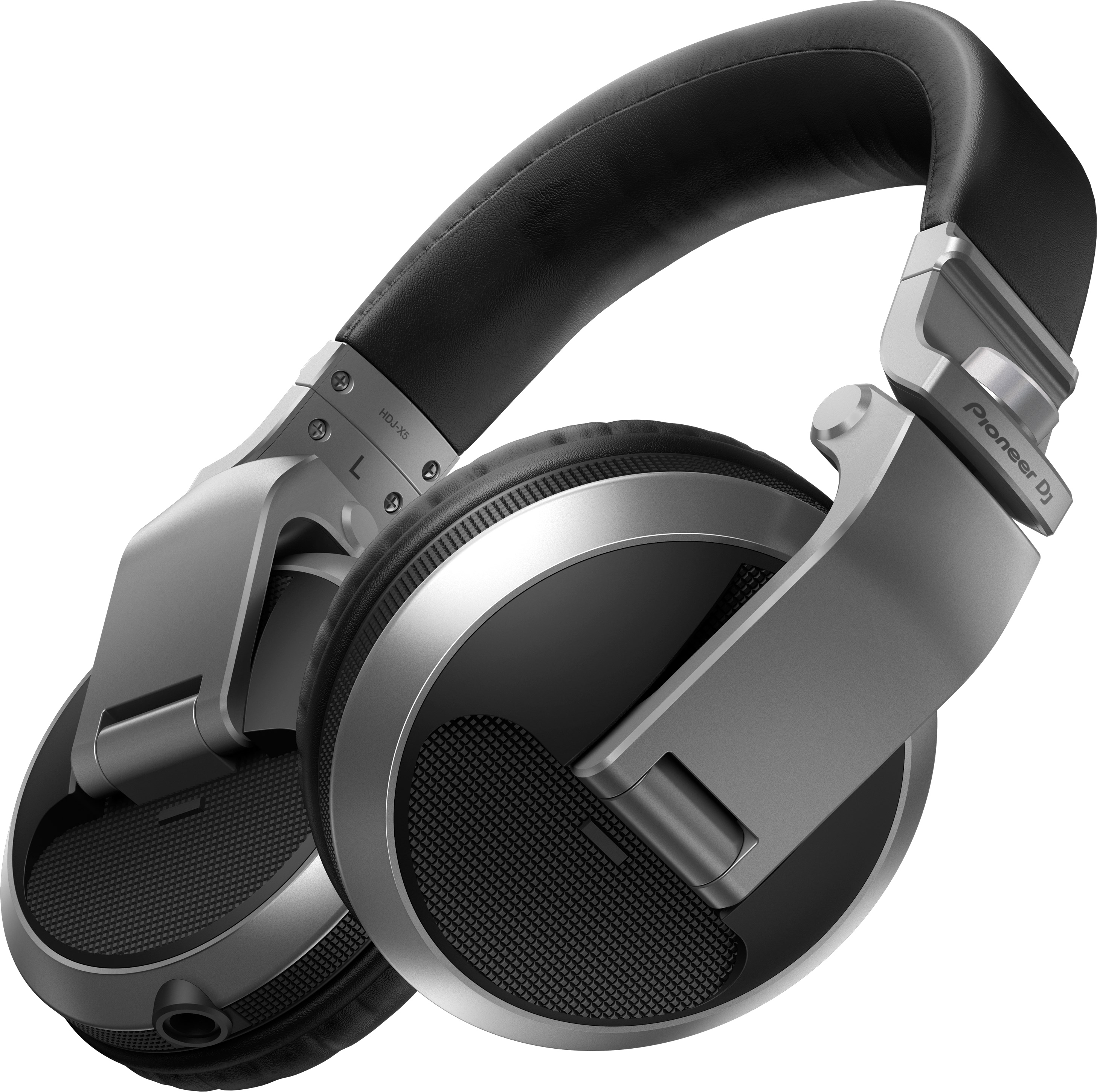 Silberne Kopfhörer mit schwarzen Ohrmuscheln. Pioneer DJ Logo.
