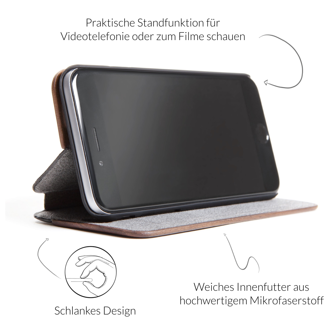 WOODCESSORIES EcoFlip, Bookcover, Apple, iPhone X, Walnuss/Schwarz