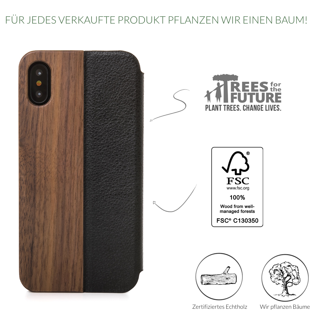 WOODCESSORIES EcoFlip, Bookcover, Apple, iPhone X, Walnuss/Schwarz