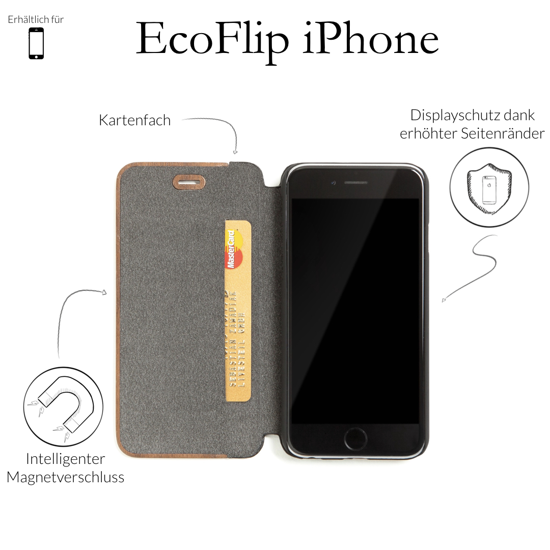 X, EcoFlip, Apple, WOODCESSORIES Walnuss/Schwarz Bookcover, iPhone