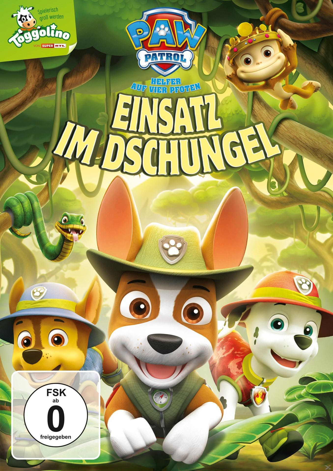 Paw Patrol DVD-Cover. Hunde in Dschungelkulisse. Grüne Ranken und eine Schlange. Titel auf Deutsch.