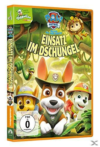 Paw Patrol DVD-Cover mit Dschungel-Motiv. Mehrere Hunde-Charaktere und ein Affe sind zu sehen.