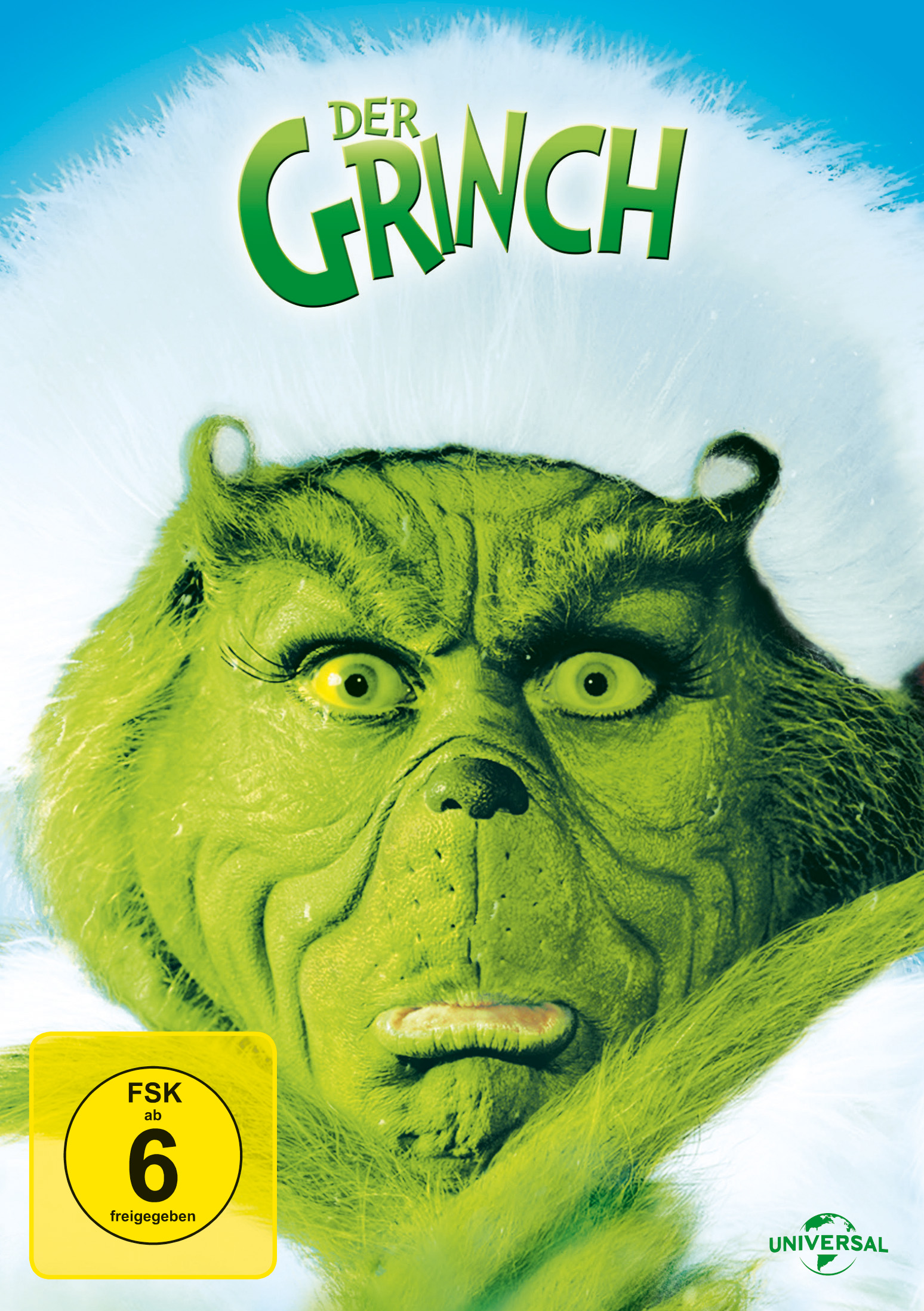 Das Cover des Films Der Grinch mit dem Gesicht des Grinch im Vordergrund.
