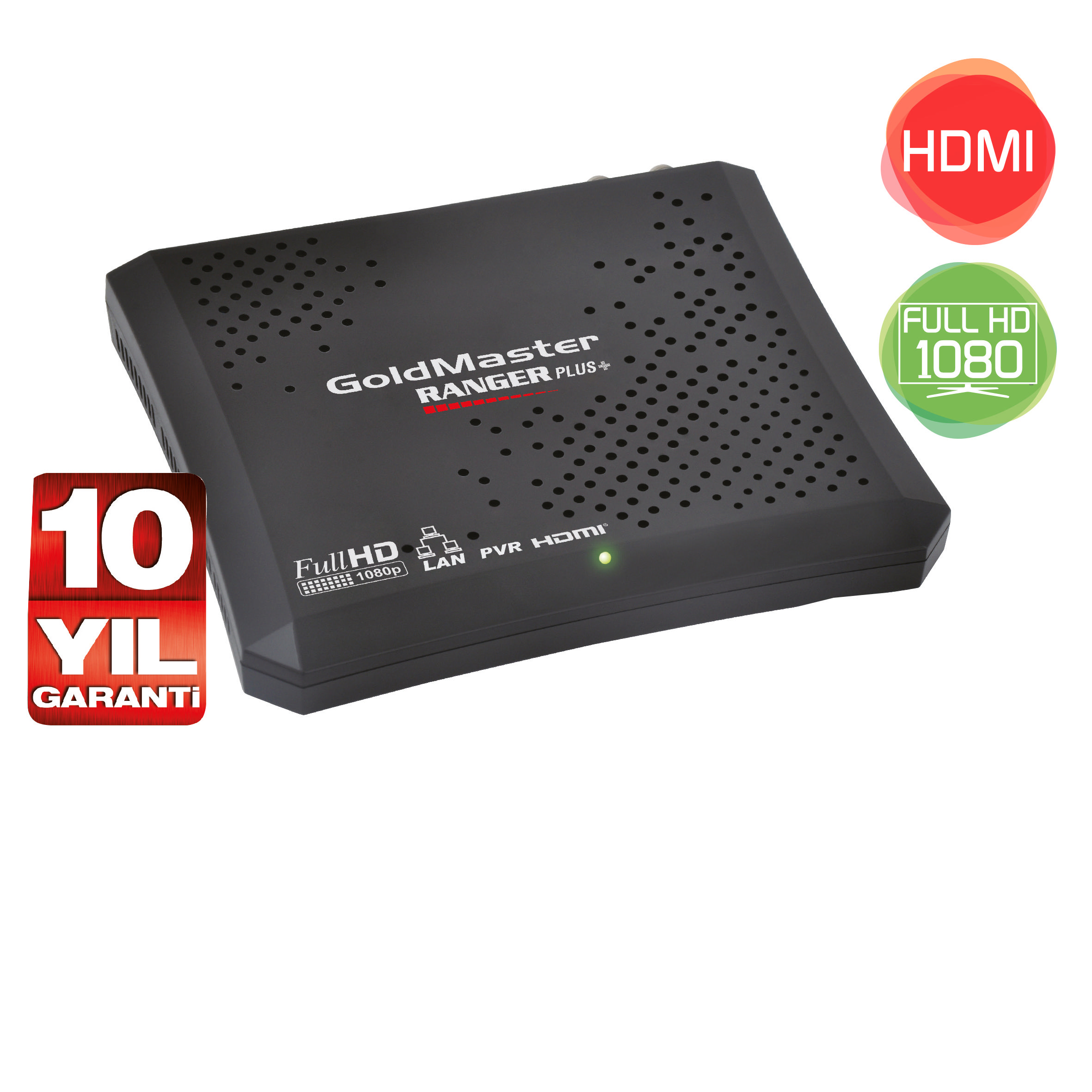 Siyah medya oynatıcı, beyaz metin, kırmızı ve yeşil etiketler, HDMI, Full HD 1080 ve garanti.