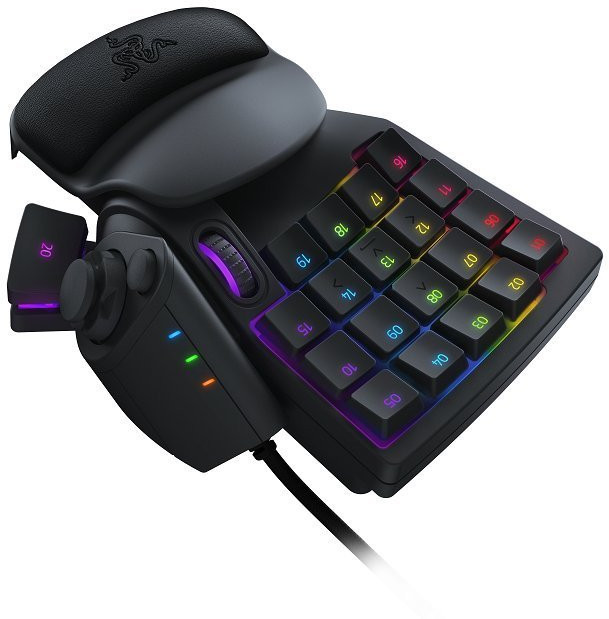 A black Razer gaming keypad with multiple backlit keys and a thumbstick on the side.