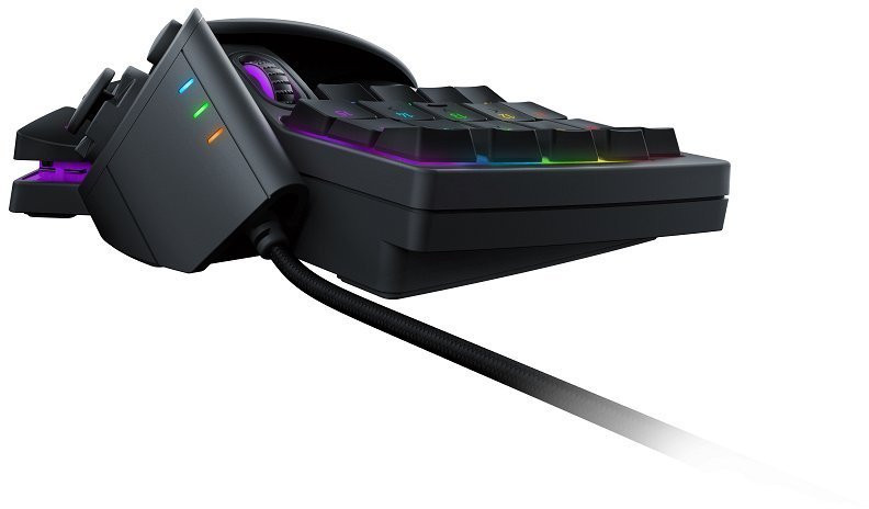 A gaming keypad with multiple buttons and a thumbstick. It is black, with colorful lights.