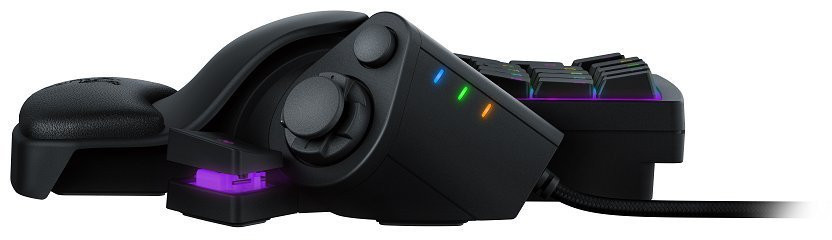 Black Razer gaming keypad with joystick, keys, and RGB lighting. The background is plain.