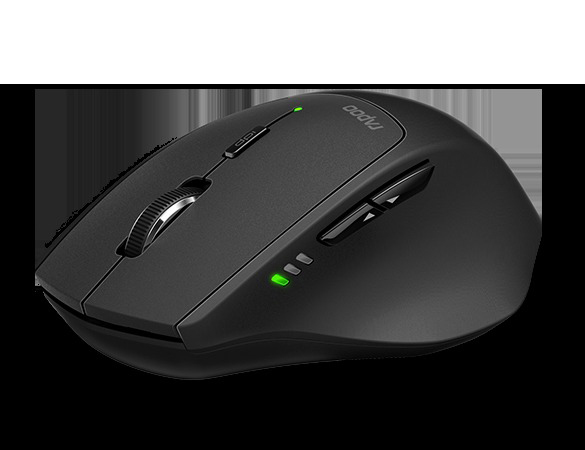 Eine schwarze kabellose Maus mit Scrollrad und drei LED-Leuchten. Sie hat eine glänzende Oberseite.