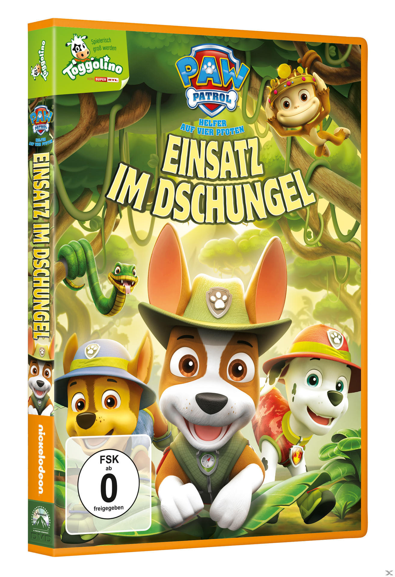 DVD-Hülle mit Paw Patrol Charakteren, Dschungel Hintergrund und deutschem Text.