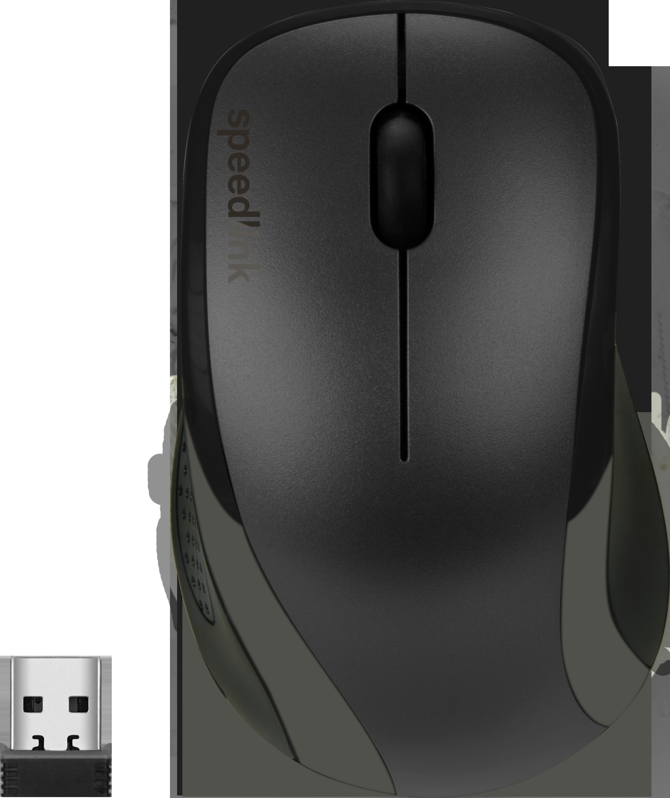 Mouse nero e ricevitore USB. Il mouse ha una superficie lucida.