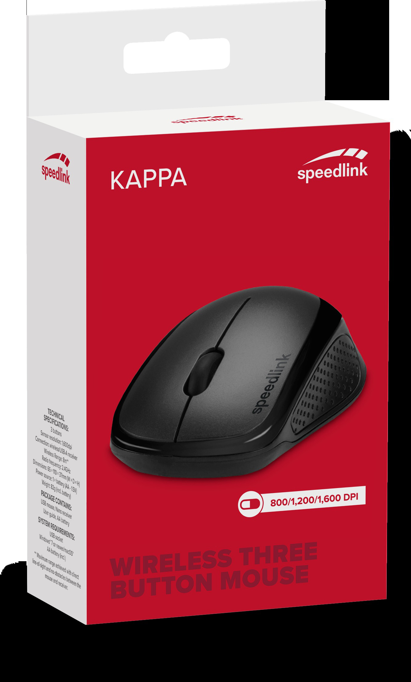 Un mouse wireless nero su una scatola rossa e bianca. La scatola dice 'KAPPA' e 'WIRELESS THREE BUTTON MOUSE'.