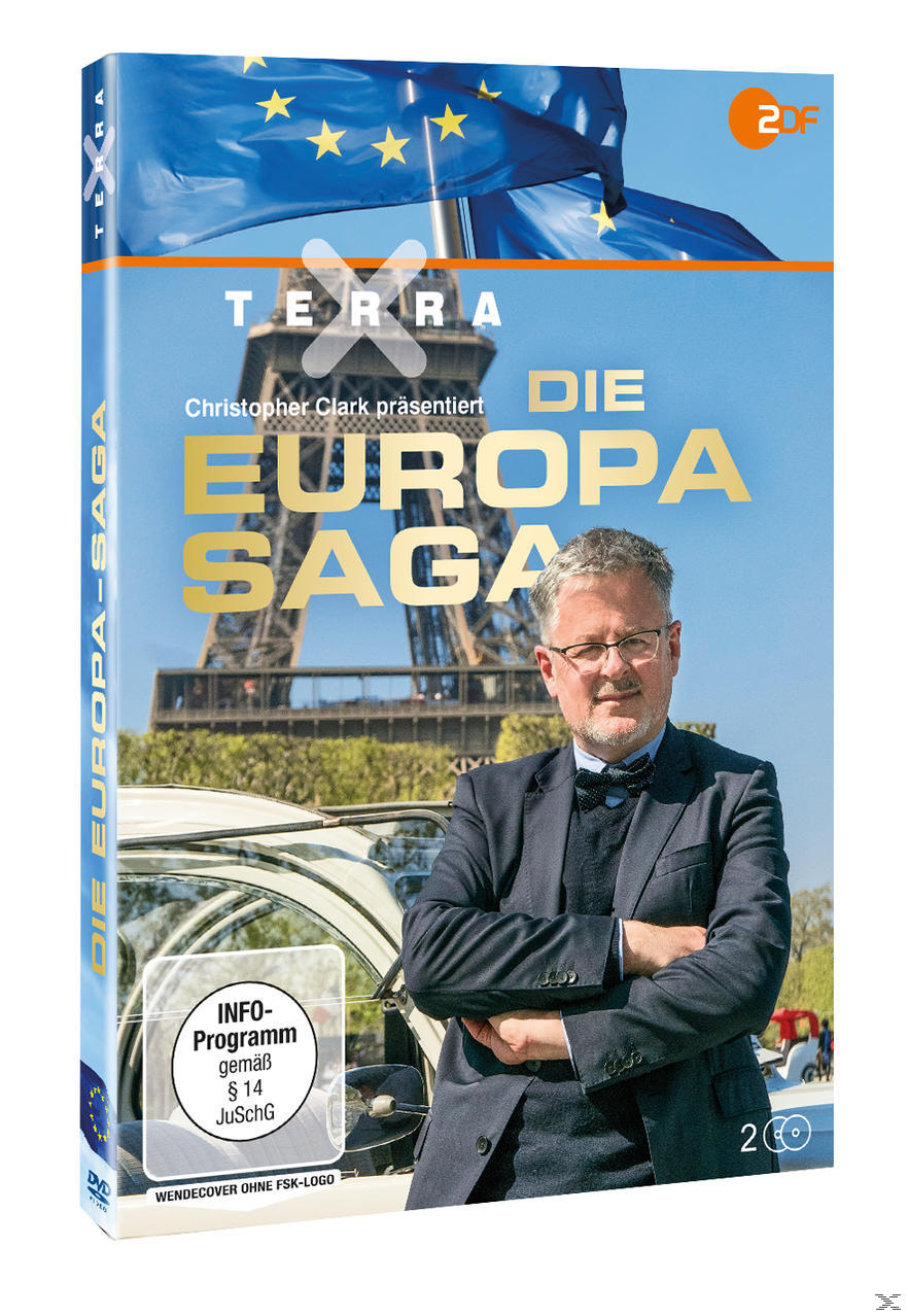 DVD-Cover für Die Europa Saga. Mann im Anzug mit Fliege, Eiffelturm und EU-Flaggen.