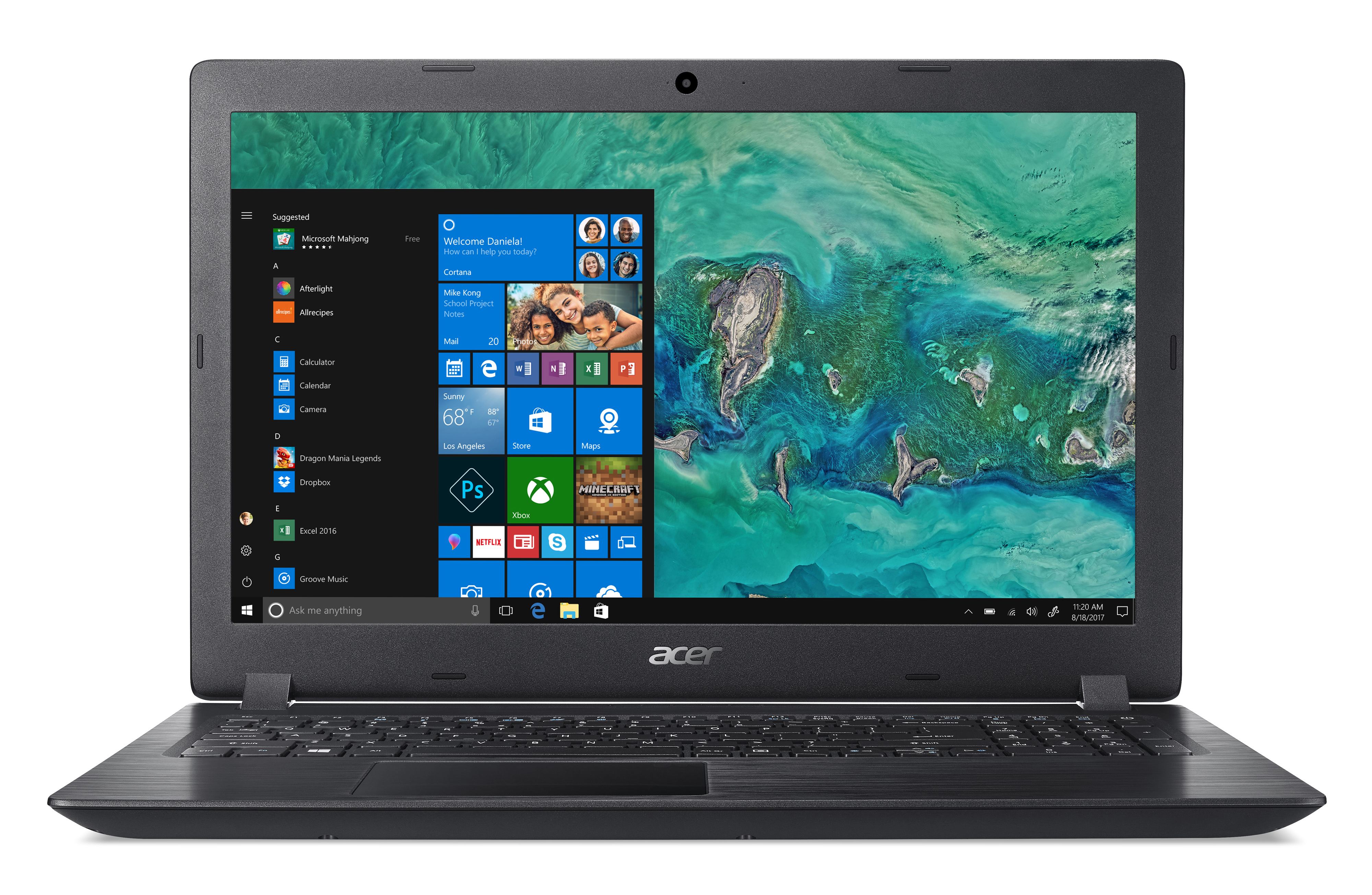 Ein schwarzer Laptop mit einem Bildschirm, der einen Desktop mit Symbolen und einem Datum anzeigt.