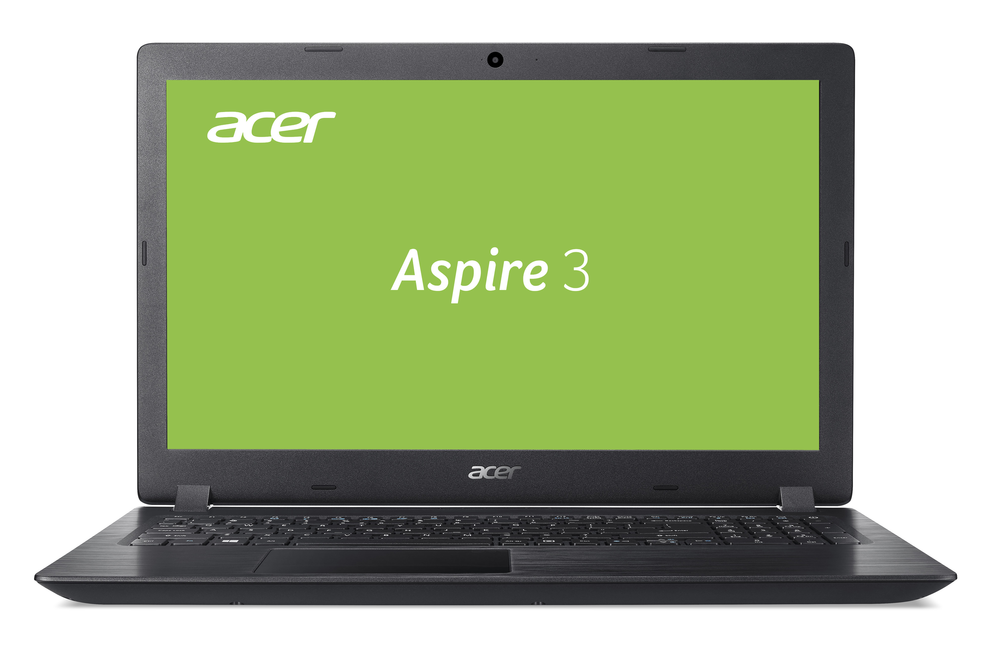 Ein Acer Aspire 3 Laptop. Der Bildschirm ist grün mit den Worten Aspire 3. Der Laptop ist schwarz.
