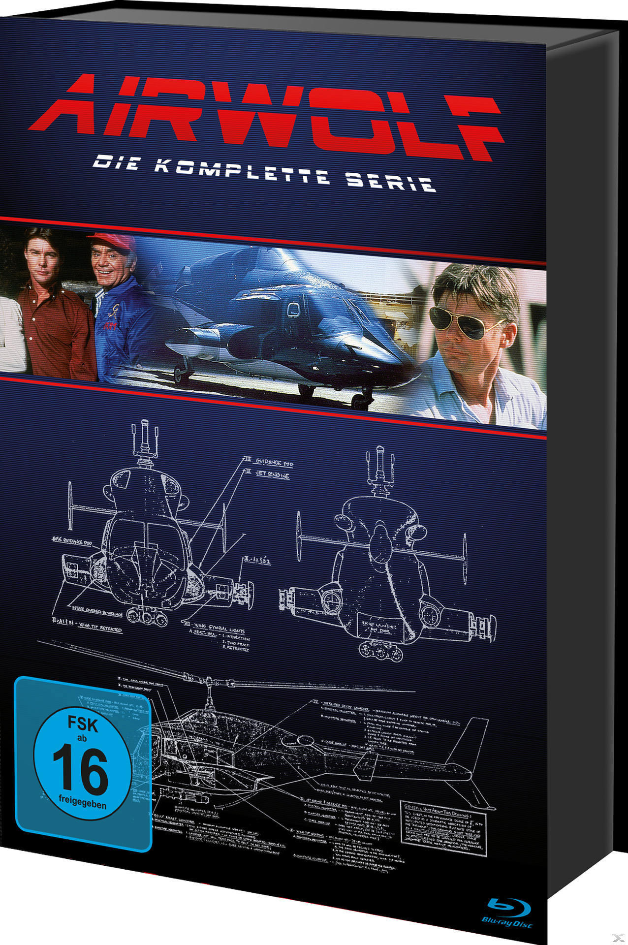 Airwolf DVD-Box-Set. Das Cover zeigt das Logo der Show, die Besetzung und eine Hubschrauber-Blaupause.