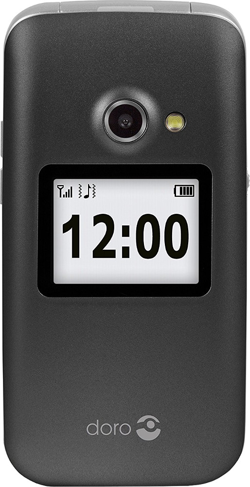 Téléphone à clapet noir avec grand écran affichant 12:00, logo Doro et signal d'antenne.
