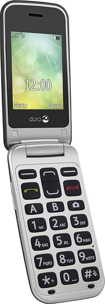 Téléphone à clapet argenté avec de gros boutons et un écran affichant l'heure.