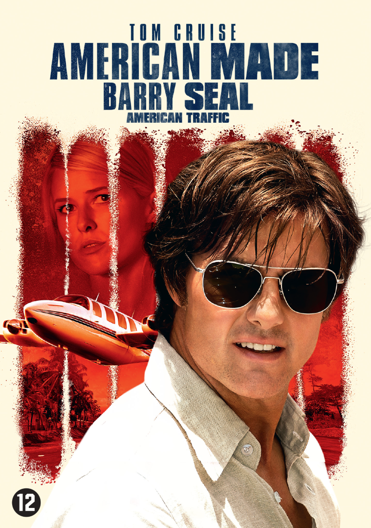 Filmposter voor "American Made". Tom Cruise draagt een zonnebril, met andere acteurs en een vliegtuig.
