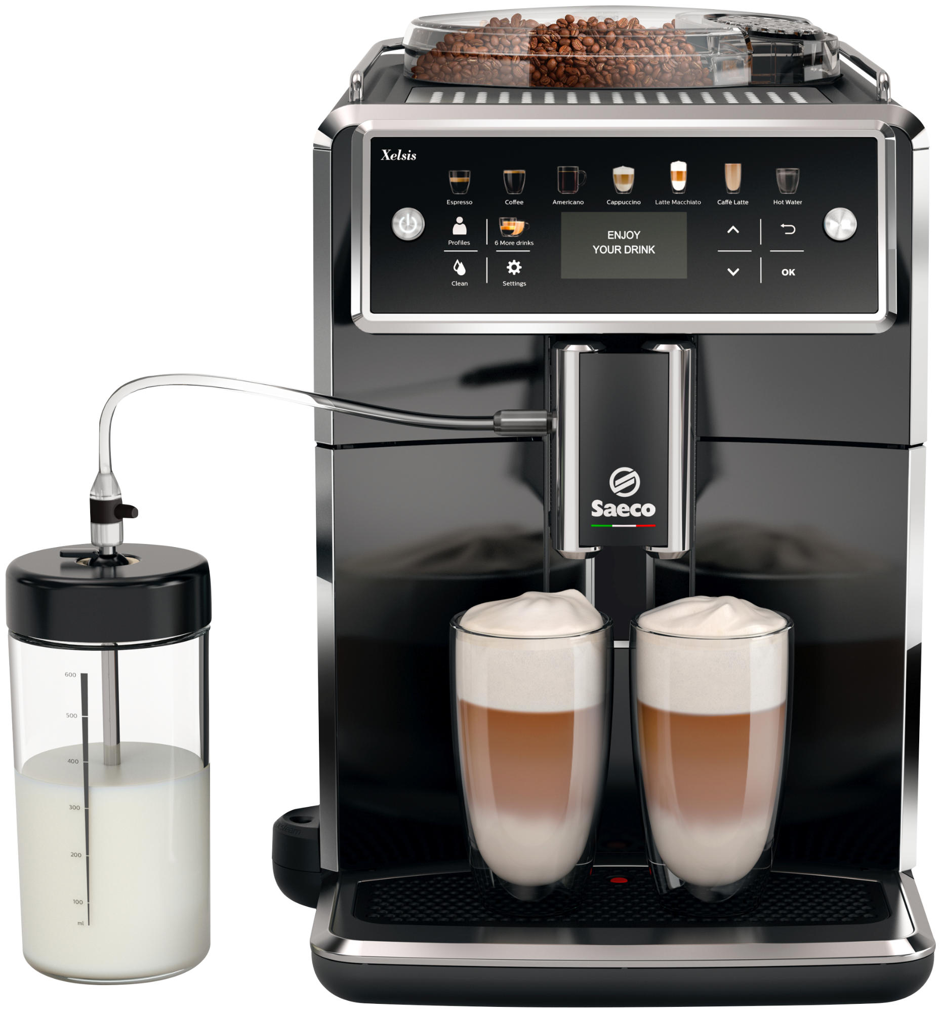 SAECO Kaffeevollautomat Xelsis SM7580/00 Piano Black  Kaffeevollautomat (Klavierlack-Schwarz, Keramikmahlwerk, 15 bar, externer Milchbehälter)