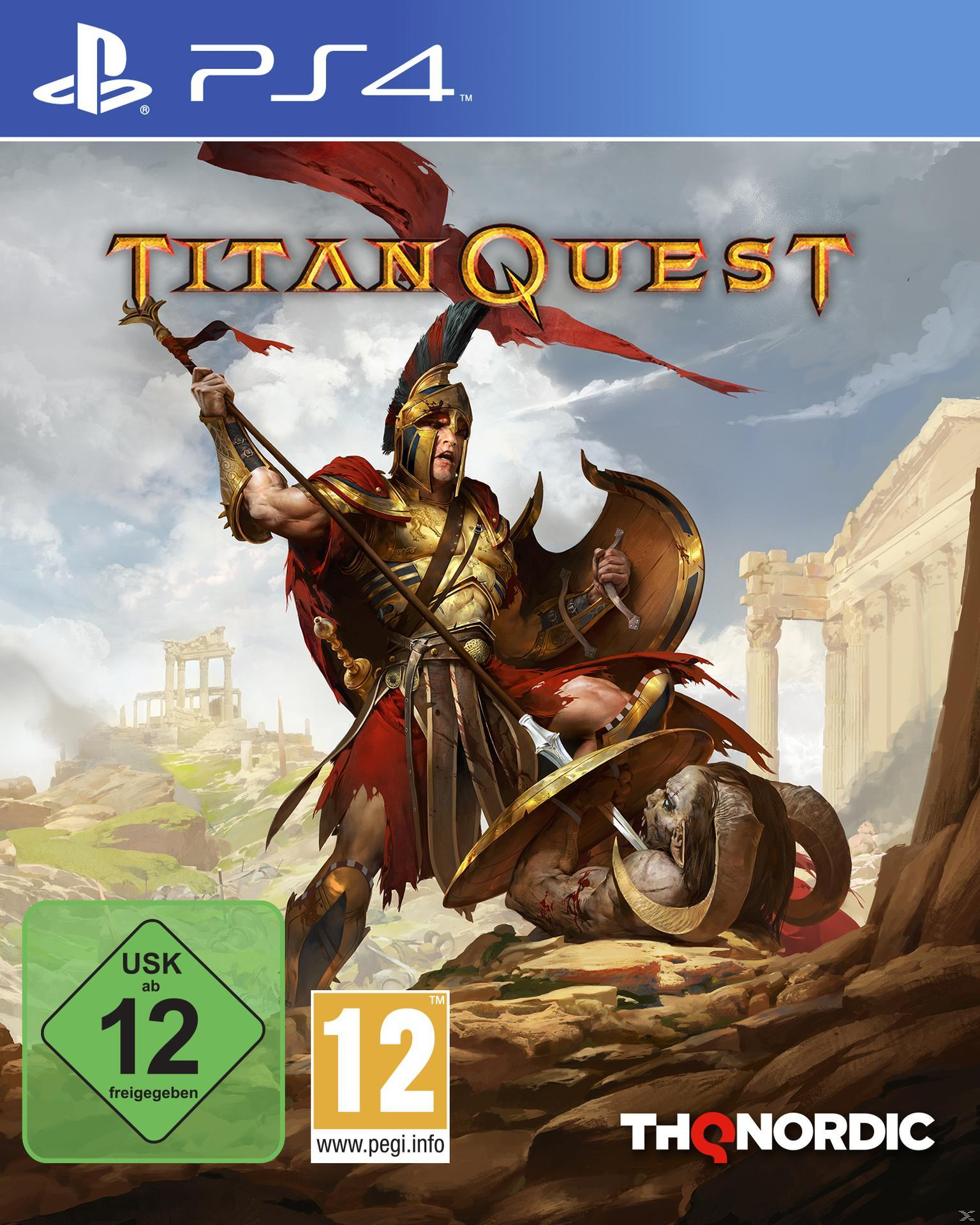 Spielcover für Titan Quest. Ein Krieger in goldener Rüstung kämpft gegen ein Monster. Eine römische Ruine ist sichtbar.