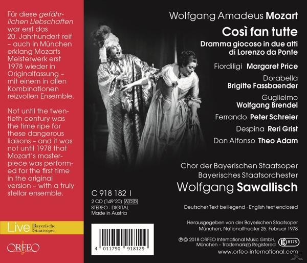 Opern-CD-Cover: Zwei Personen in Kostümen auf der Bühne, Titel: Così fan tutte, von Mozart. Weißer Hintergrund und Text.