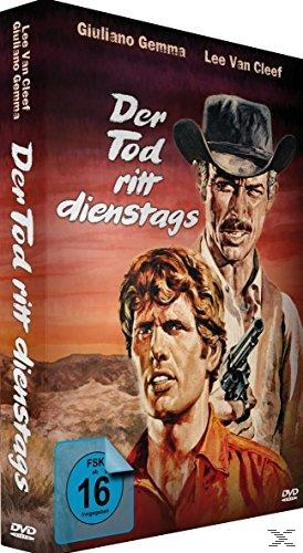 DVD-Hülle des Films 'Der Tod ritt dienstags' mit Text auf Deutsch, mit Schauspielern.